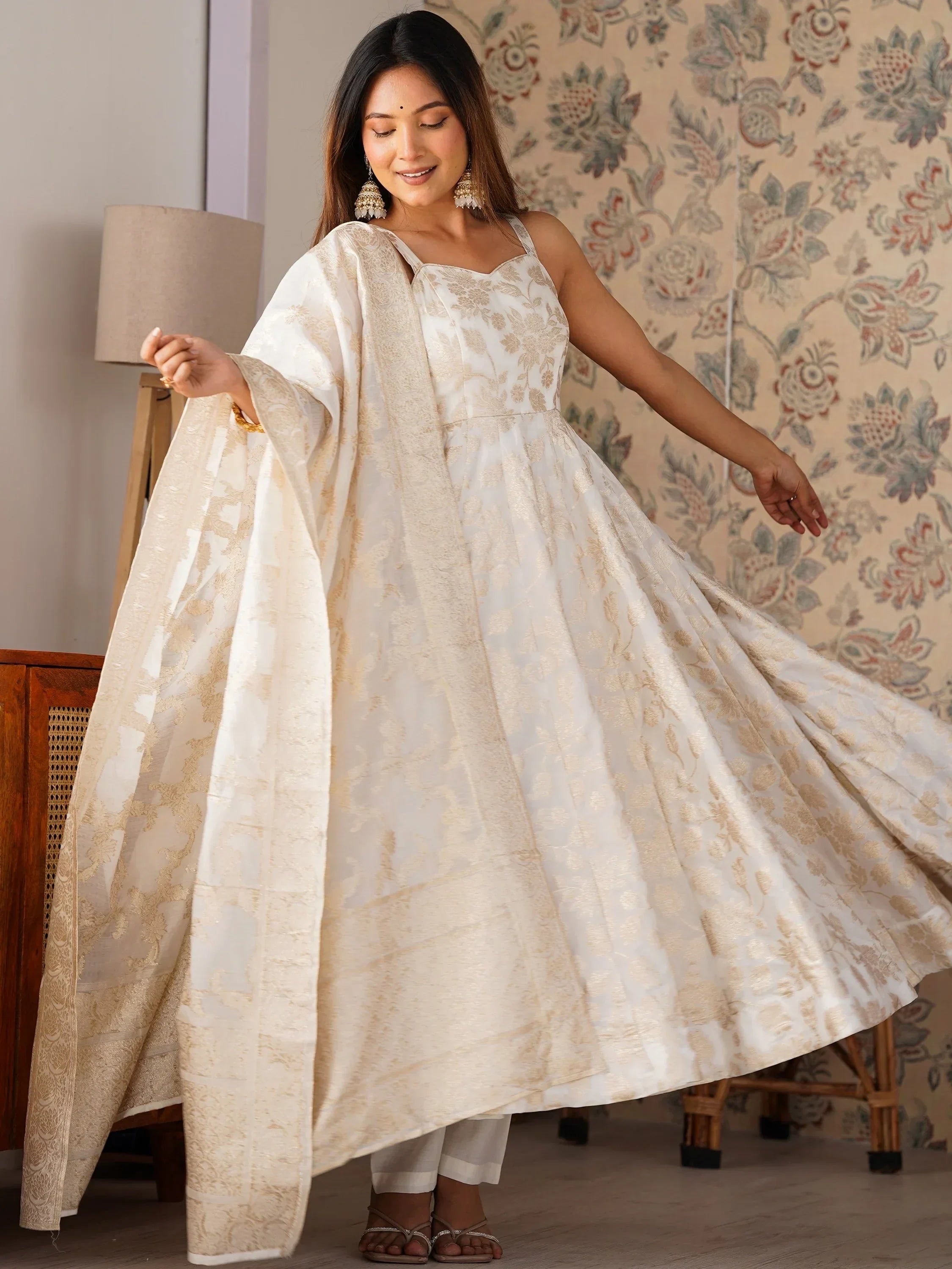 Magnificent Off-White Zari Weaving Silk Festival Wear Anarakali Suit