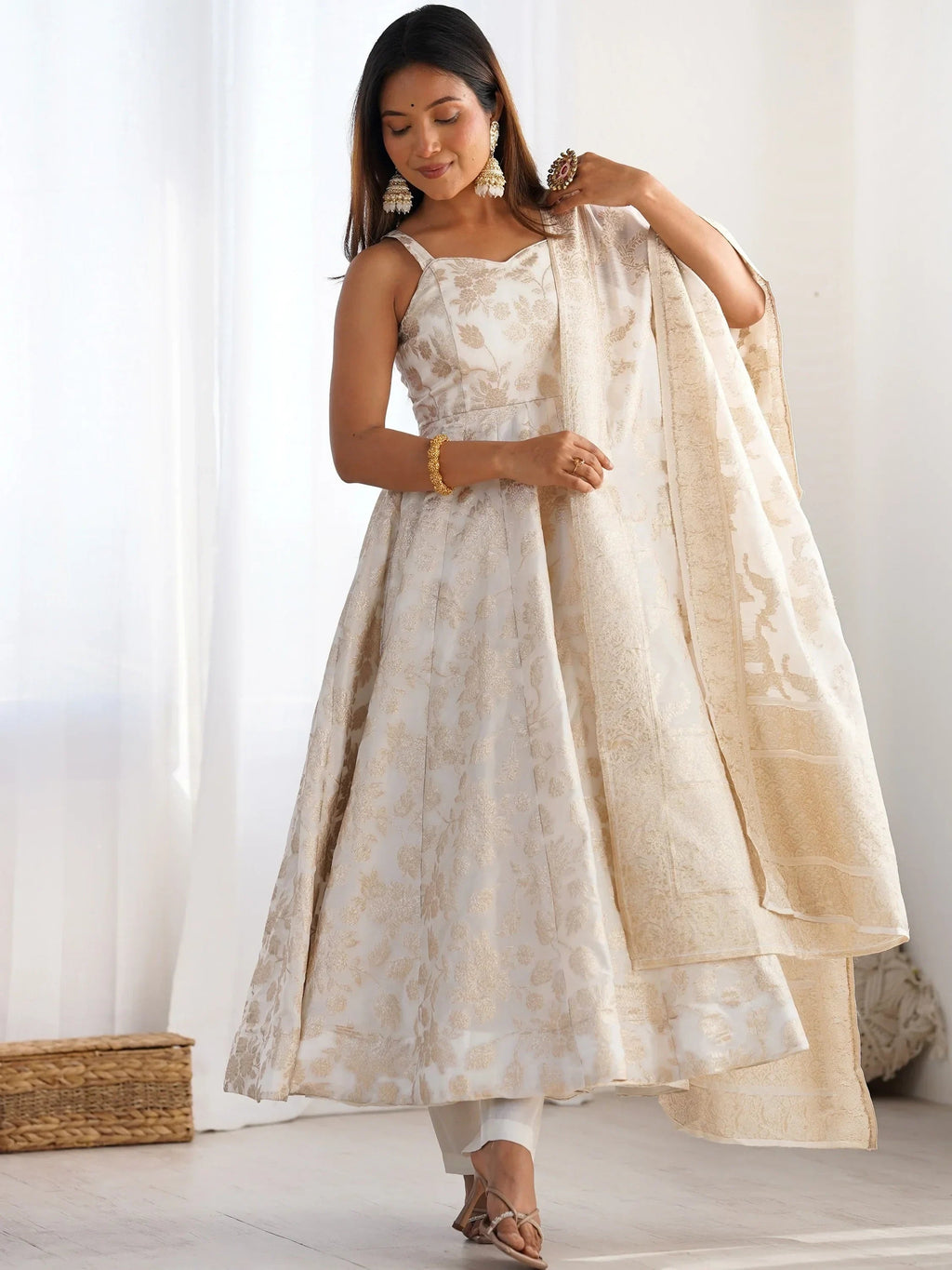 Magnificent Off-White Zari Weaving Silk Festival Wear Anarakali Suit