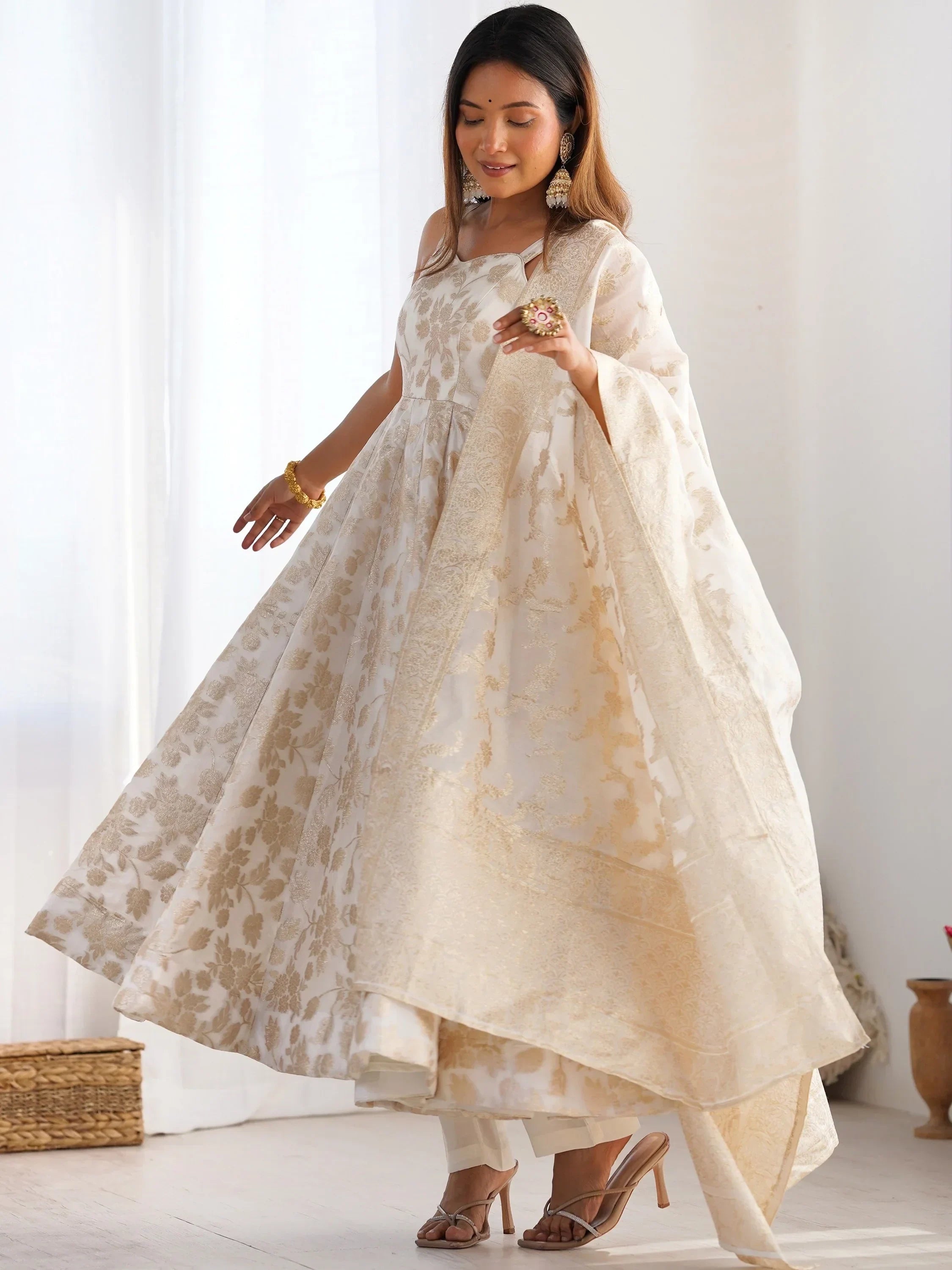 Magnificent Off-White Zari Weaving Silk Festival Wear Anarakali Suit