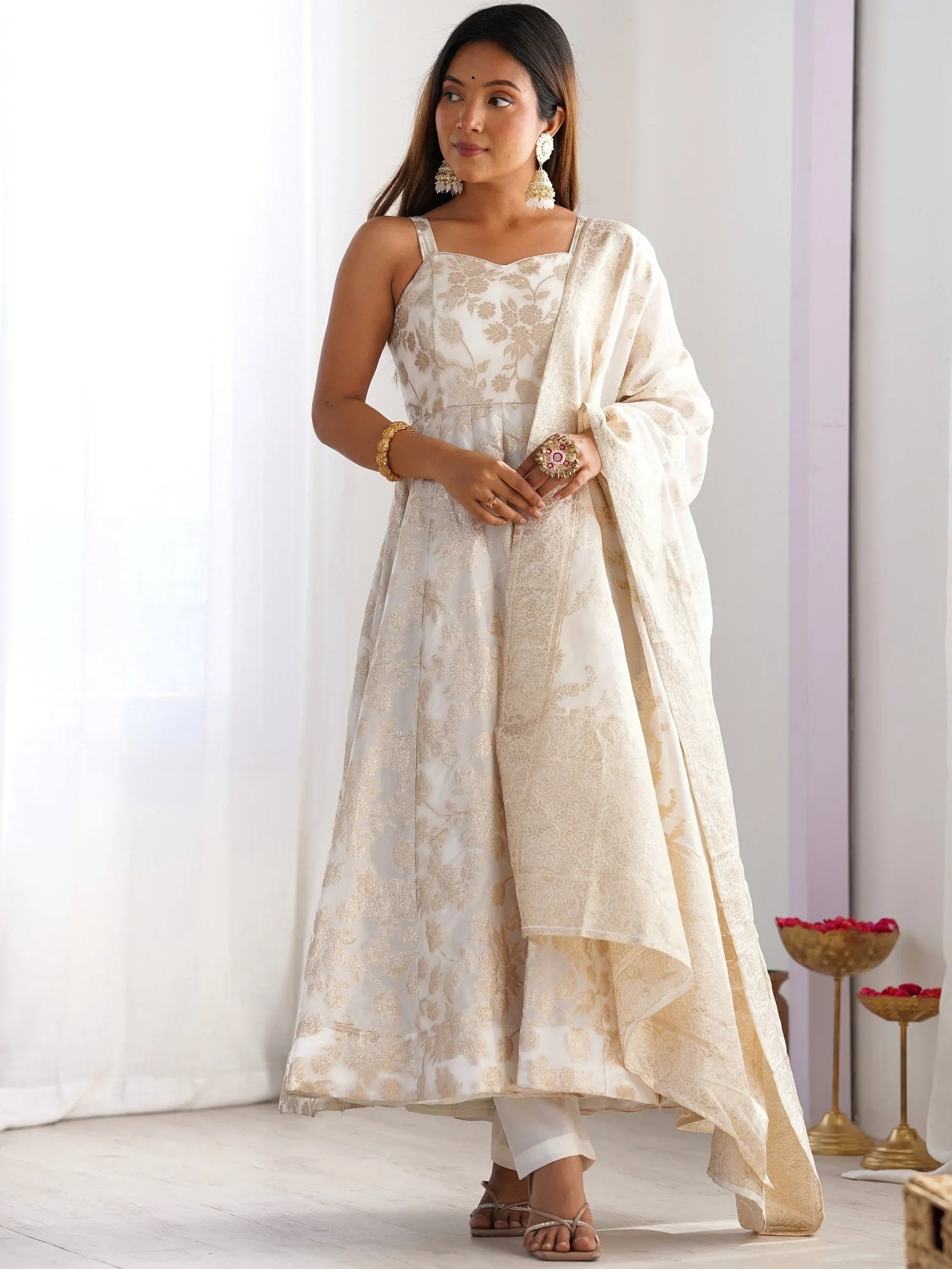 Magnificent Off-White Zari Weaving Silk Festival Wear Anarakali Suit
