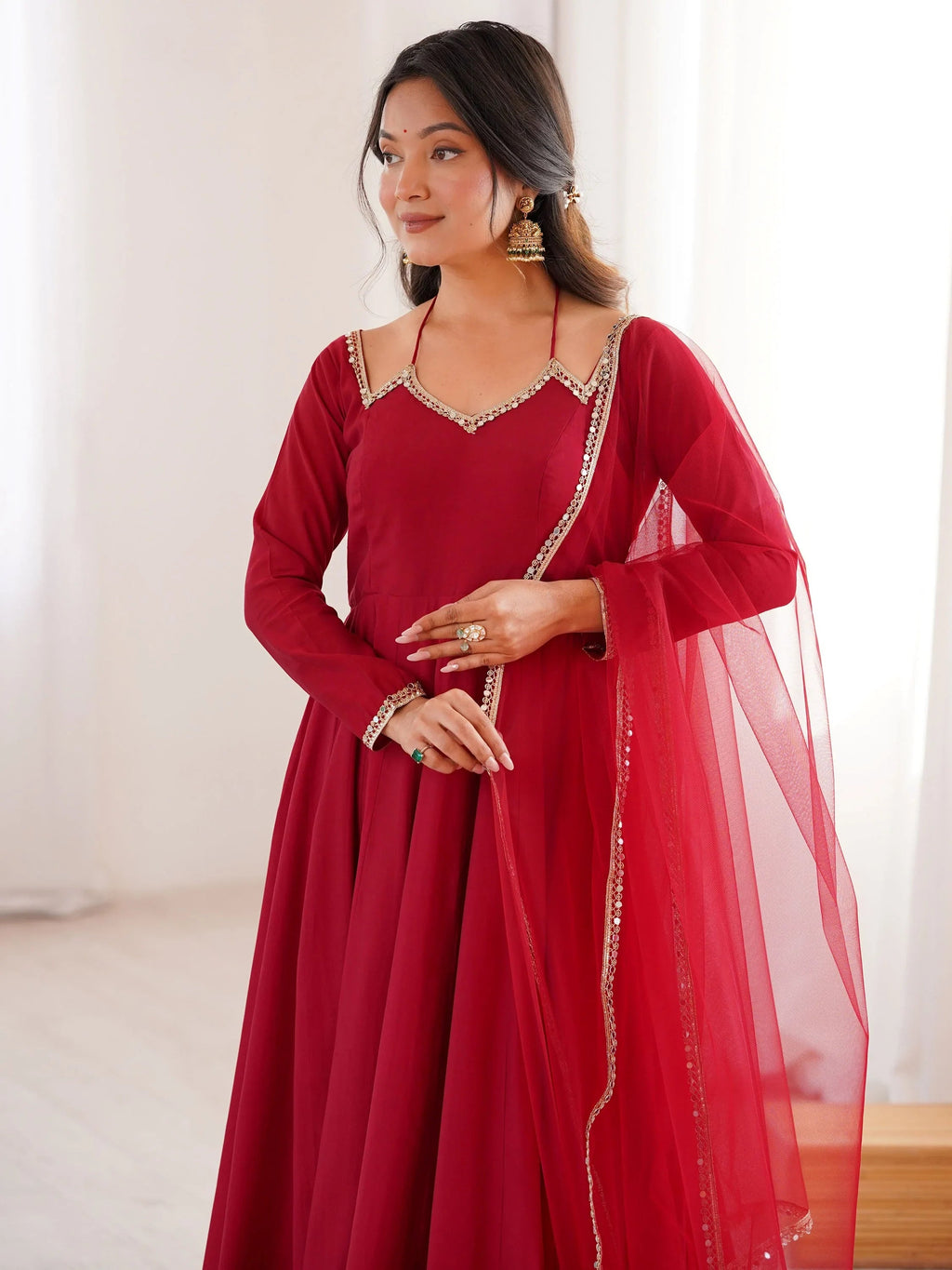 Maroon Dazzling Georgette Festival Wear Gown With Dupatta