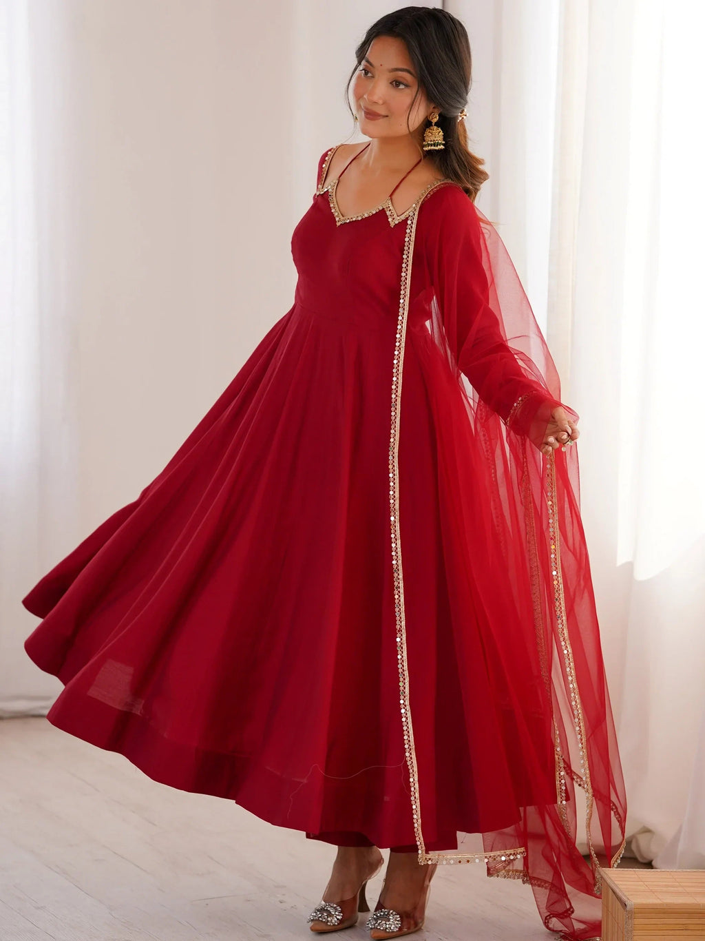 Red Charming Plain Georgette Wedding Wear Anarakali Suit