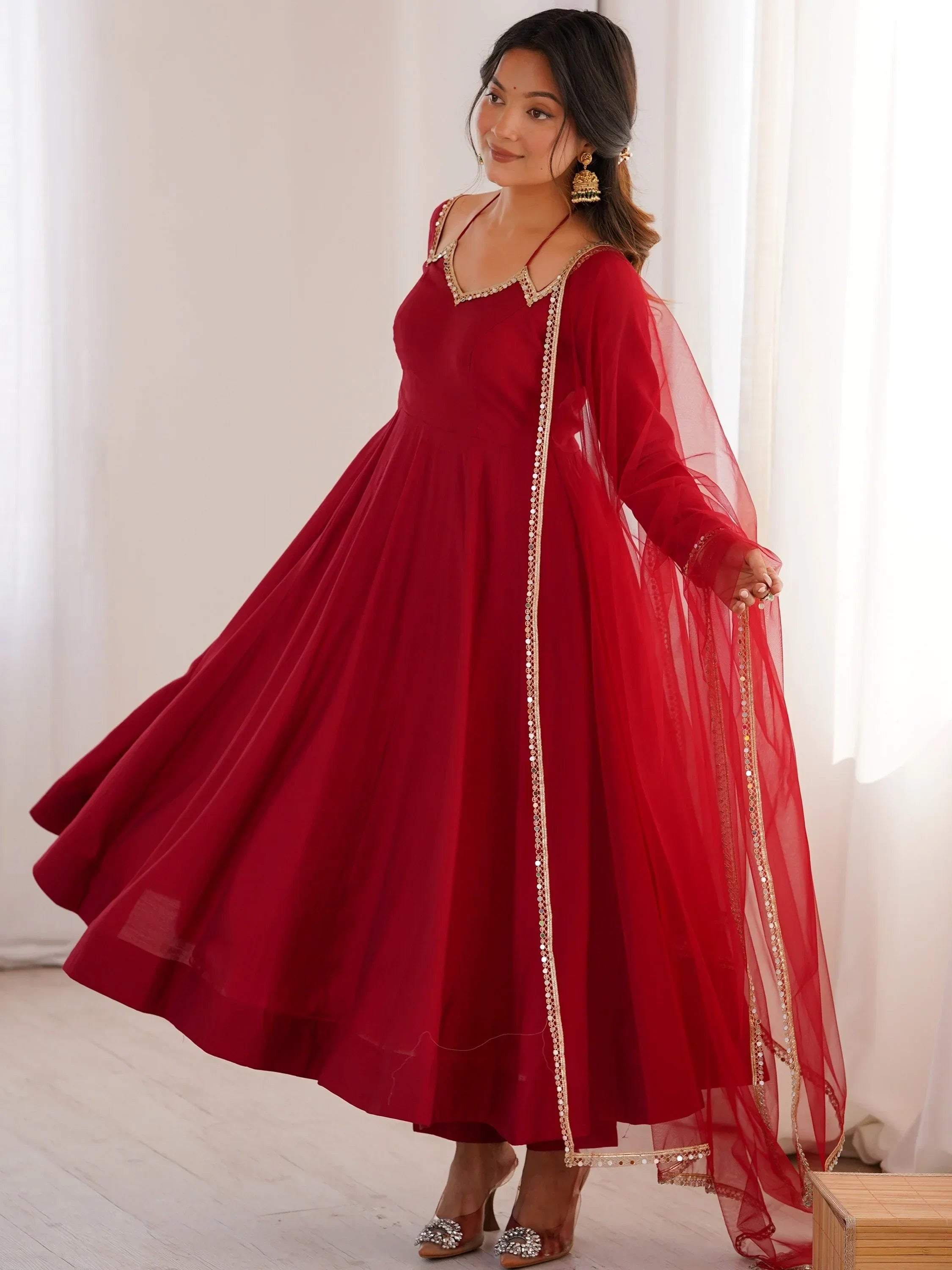 Red Charming Plain Georgette Wedding Wear Anarakali Suit
