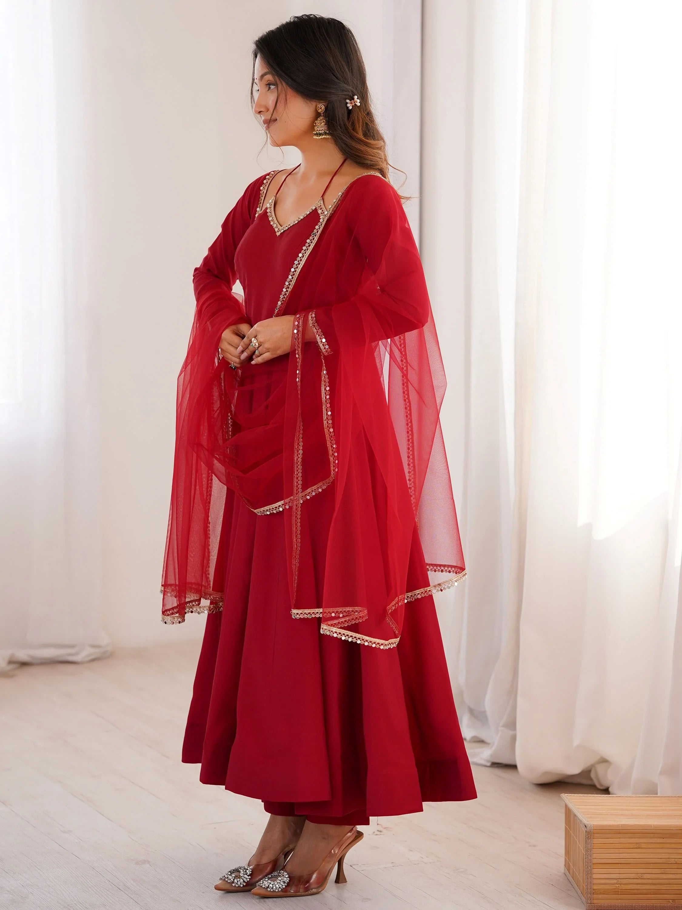 Maroon Dazzling Georgette Festival Wear Gown With Dupatta