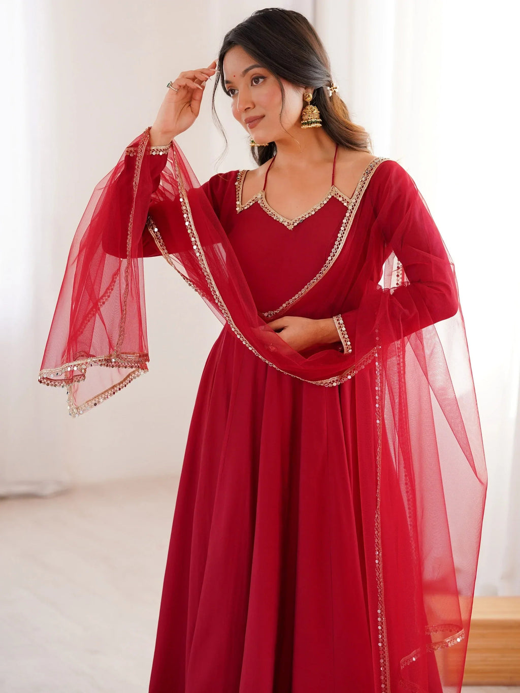 Red Charming Plain Georgette Wedding Wear Anarakali Suit