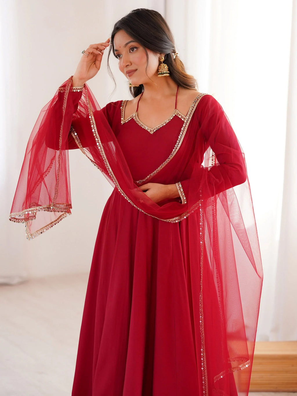 Maroon Dazzling Georgette Festival Wear Gown With Dupatta