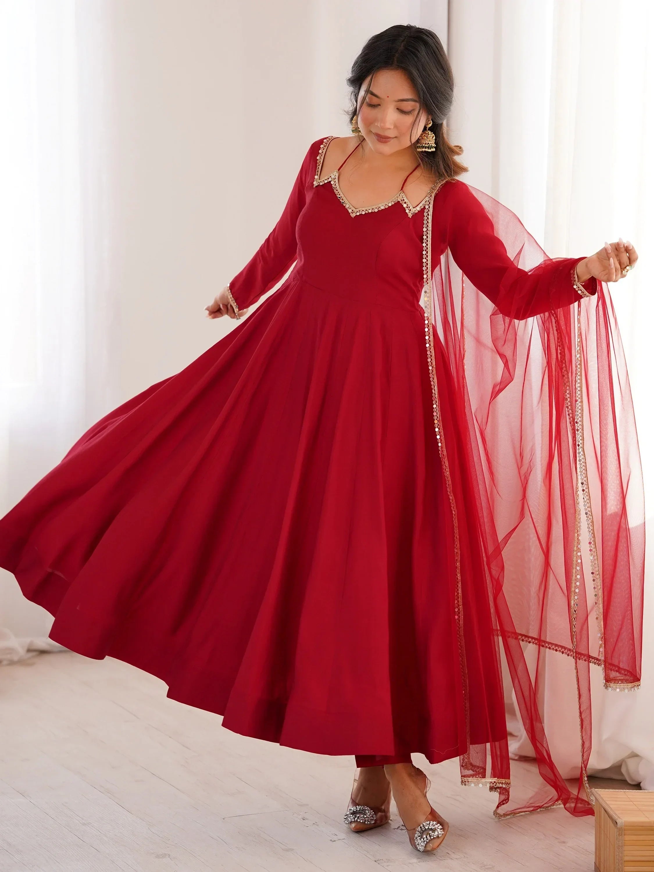 Red Charming Plain Georgette Wedding Wear Anarakali Suit