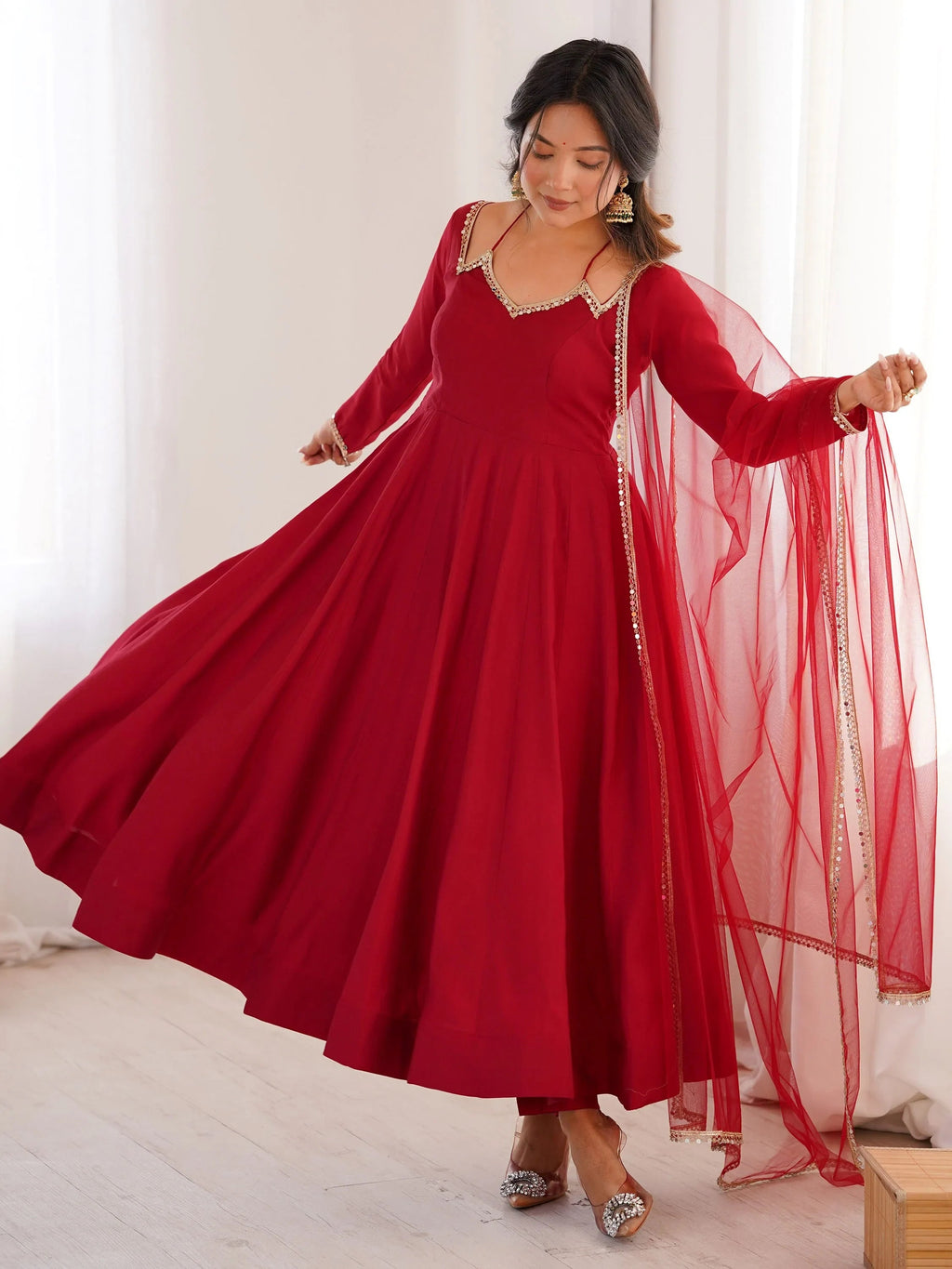 Maroon Dazzling Georgette Festival Wear Gown With Dupatta