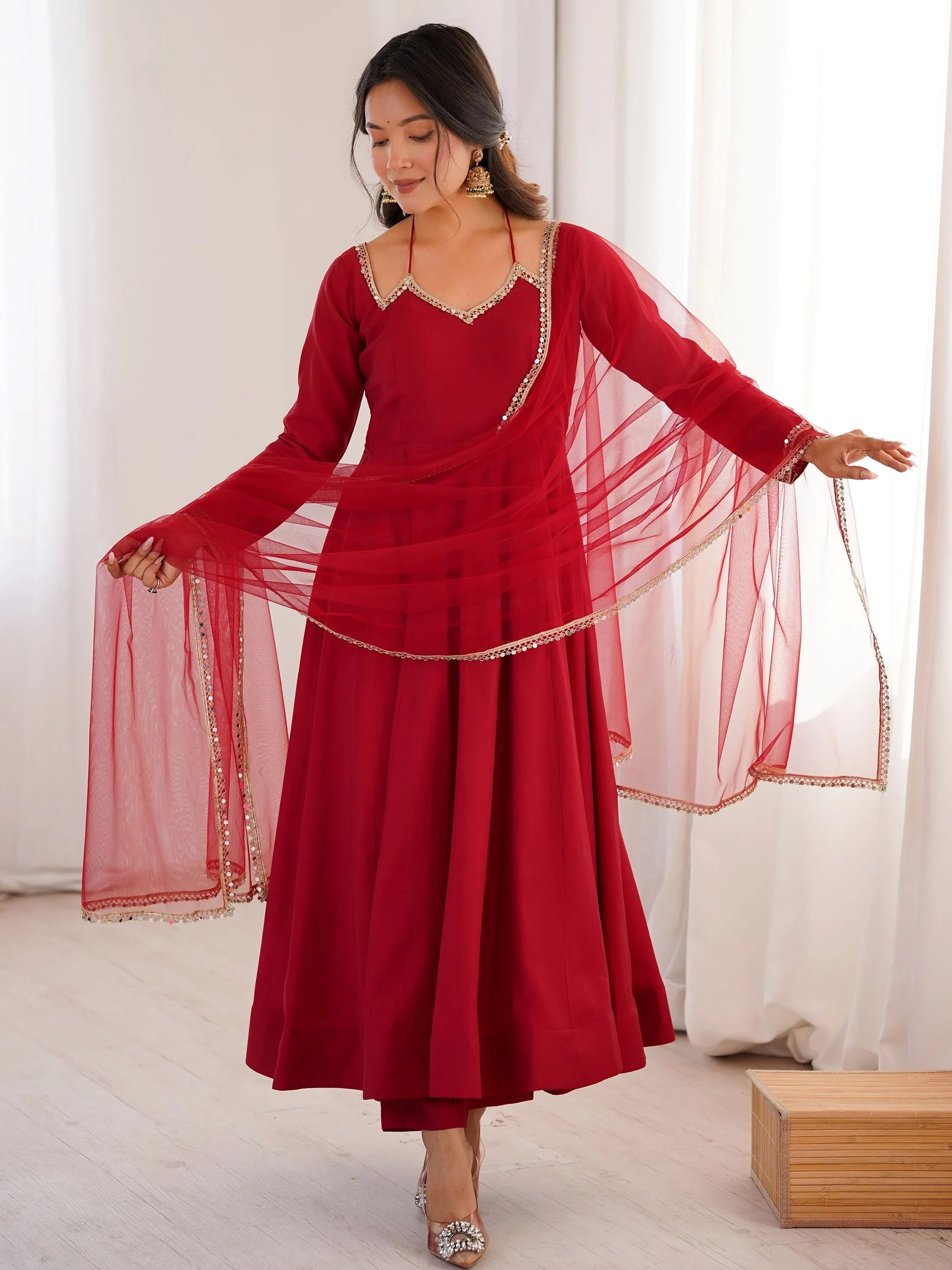 Maroon Dazzling Georgette Festival Wear Gown With Dupatta