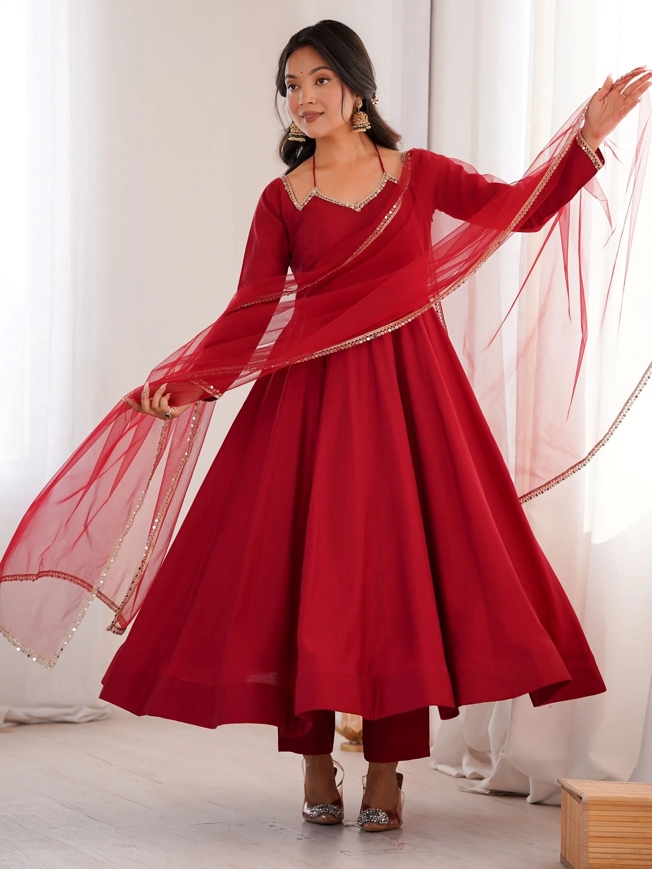 Maroon Dazzling Georgette Festival Wear Gown With Dupatta