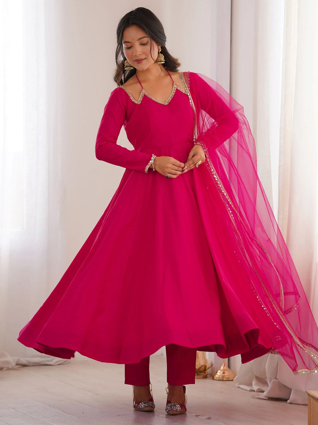 Pink Dazzling Georgette Festival Wear Gown With Dupatta