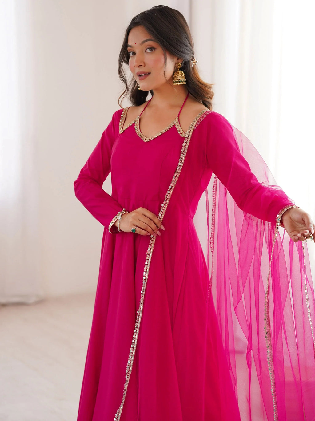Pink Dazzling Georgette Festival Wear Gown With Dupatta