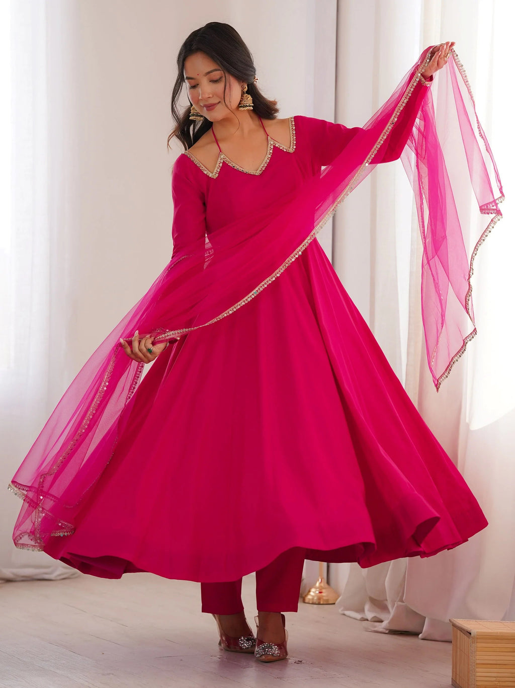 Pink Dazzling Georgette Festival Wear Gown With Dupatta