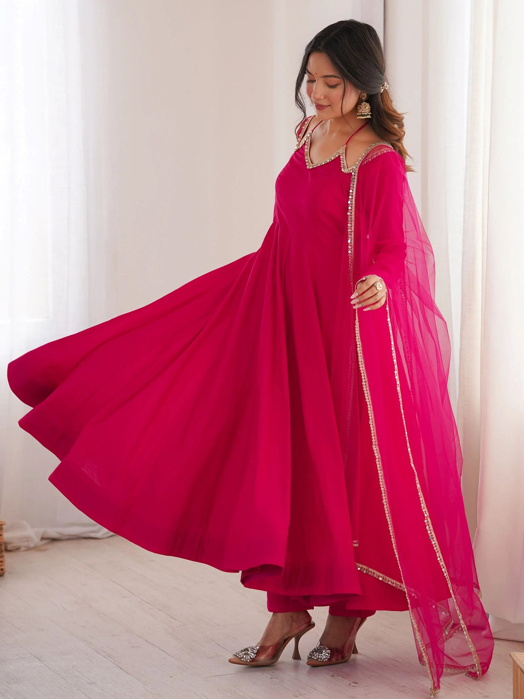 Pink Dazzling Georgette Festival Wear Gown With Dupatta