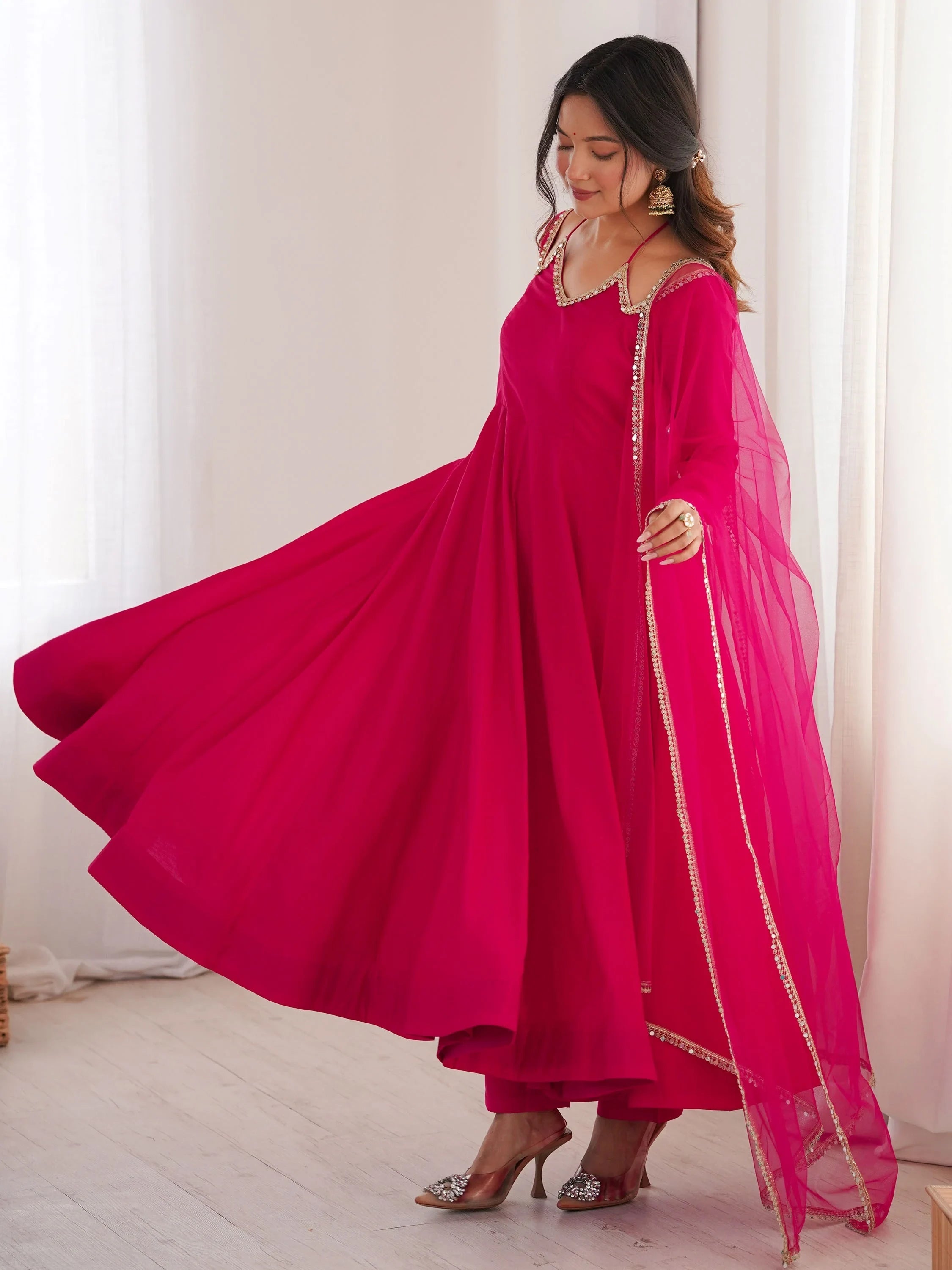 Pink Dazzling Georgette Festival Wear Gown With Dupatta