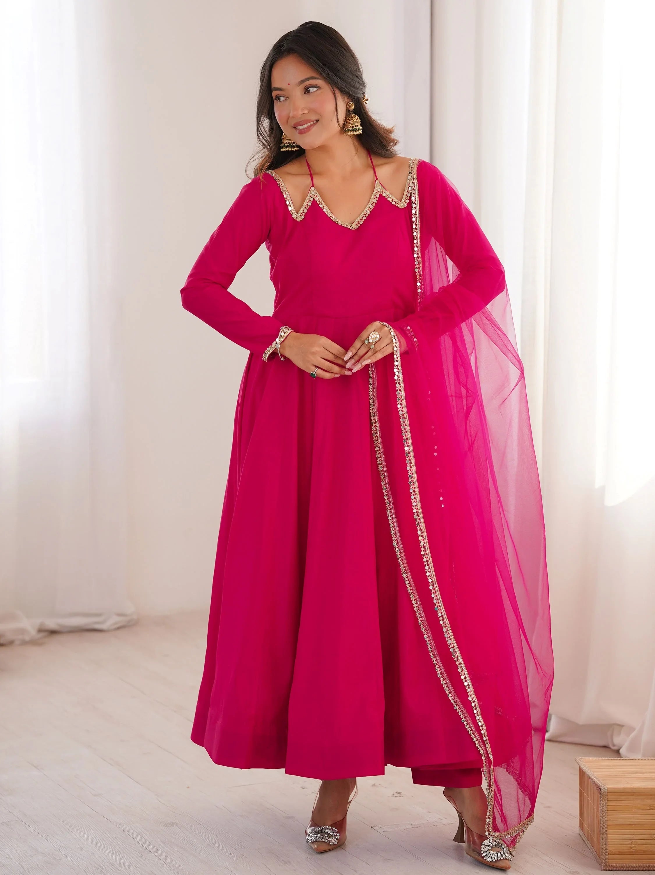 Pink Dazzling Georgette Festival Wear Gown With Dupatta