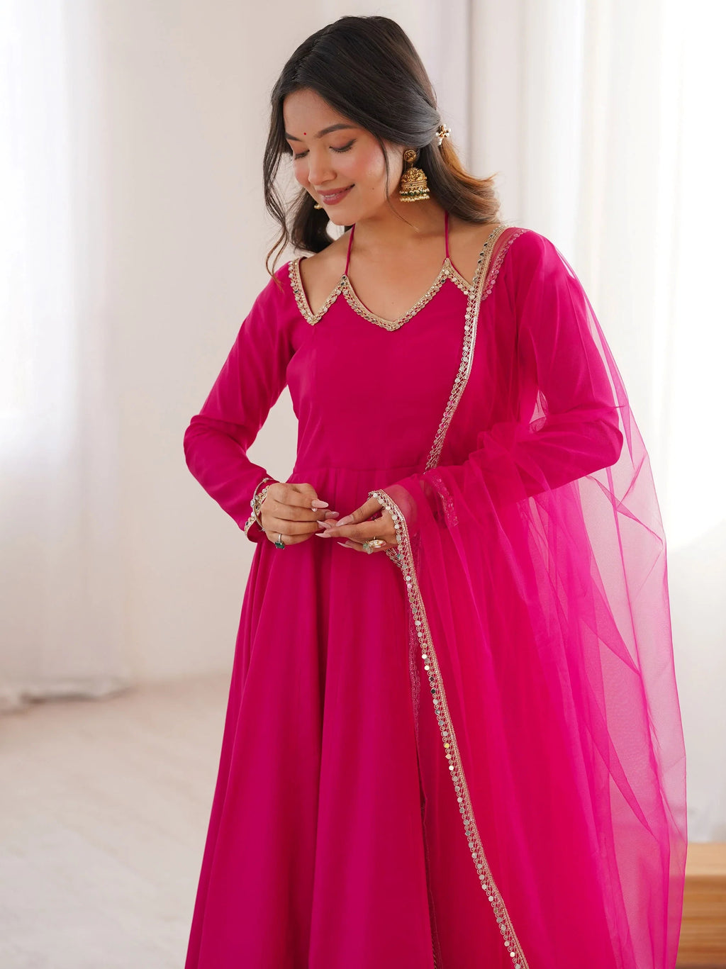 Pink Dazzling Georgette Festival Wear Gown With Dupatta