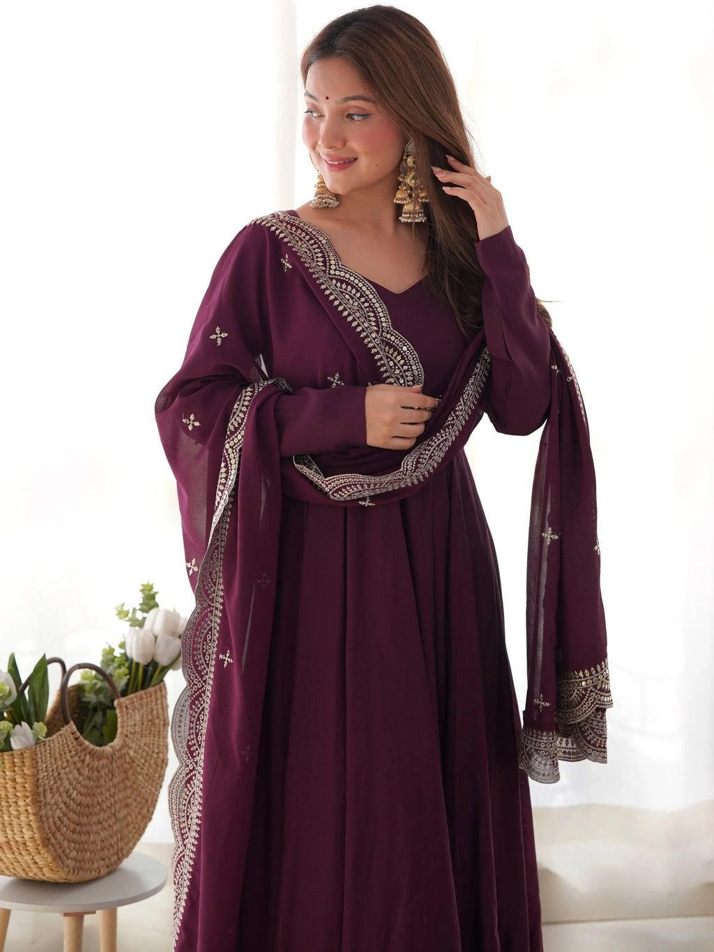 Wine Ravishing Silk Anarkali Pant Suit With Sequins Dupatta