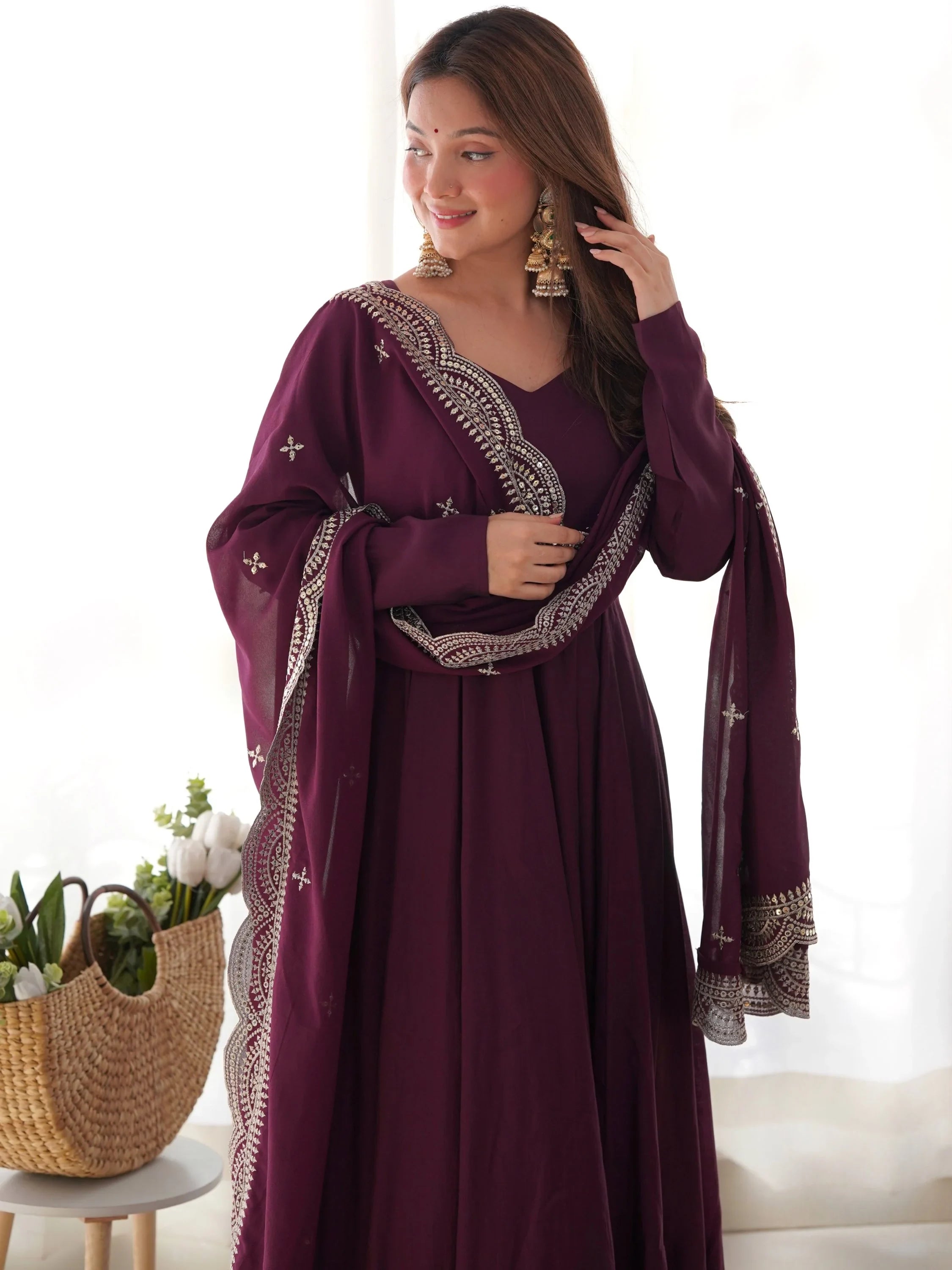 Wine Ravishing Silk Anarkali Pant Suit With Sequins Dupatta