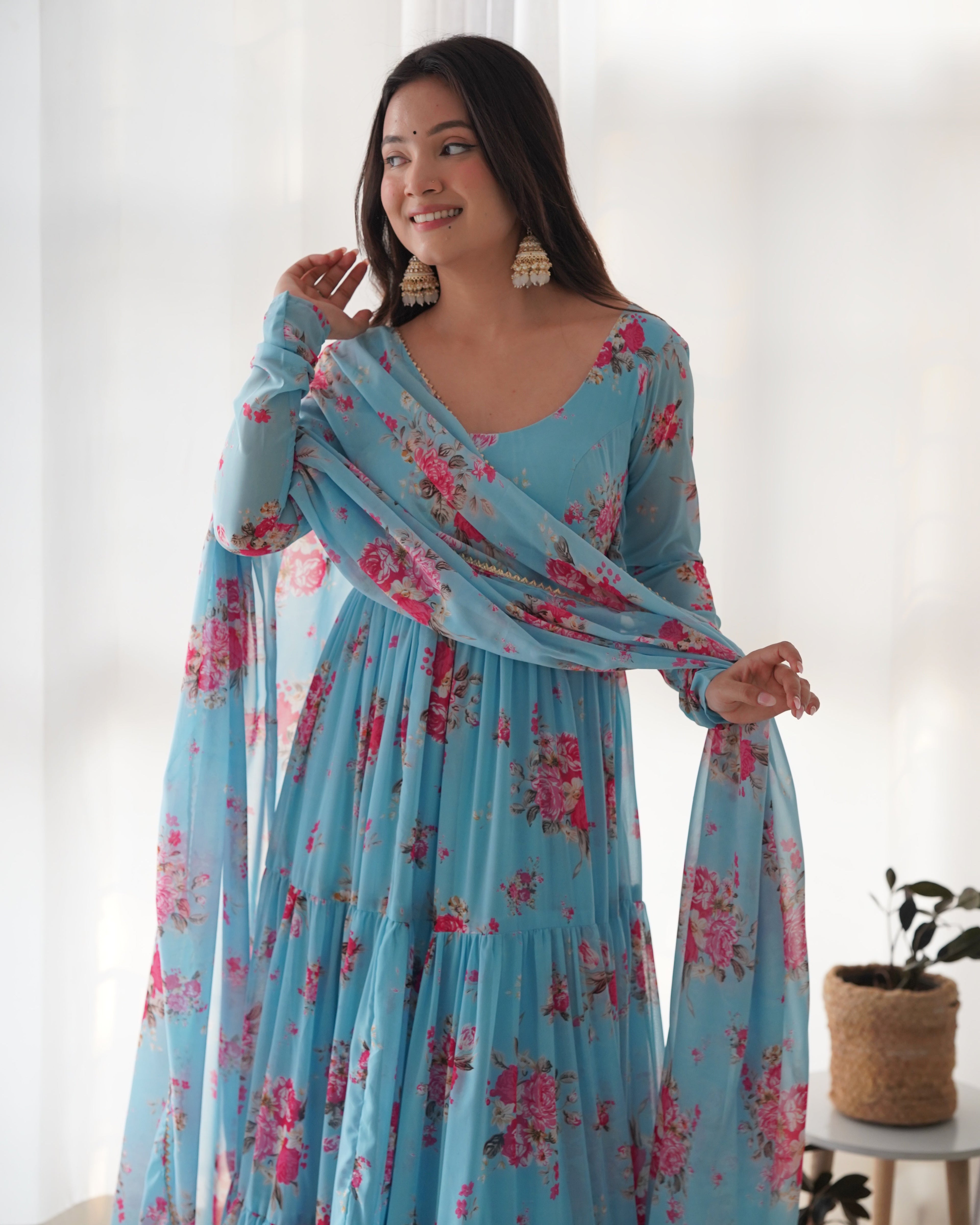 Sky Blue Soft Georgette Anarkali Lehenga Suit with Huge Flair for Festive Occasions