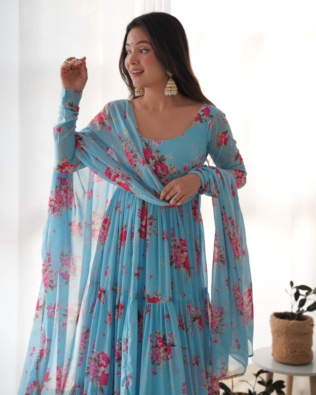 Sky Blue Soft Georgette Anarkali Lehenga Suit with Huge Flair for Festive Occasions