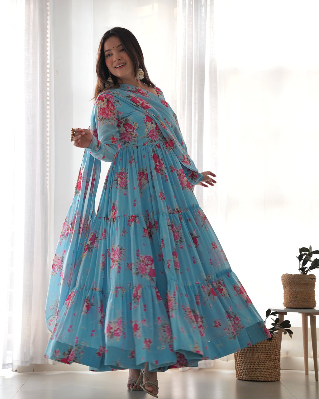Sky Blue Soft Georgette Anarkali Lehenga Suit with Huge Flair for Festive Occasions