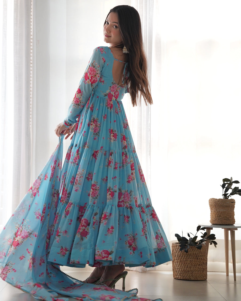 Sky Blue Soft Georgette Anarkali Lehenga Suit with Huge Flair for Festive Occasions