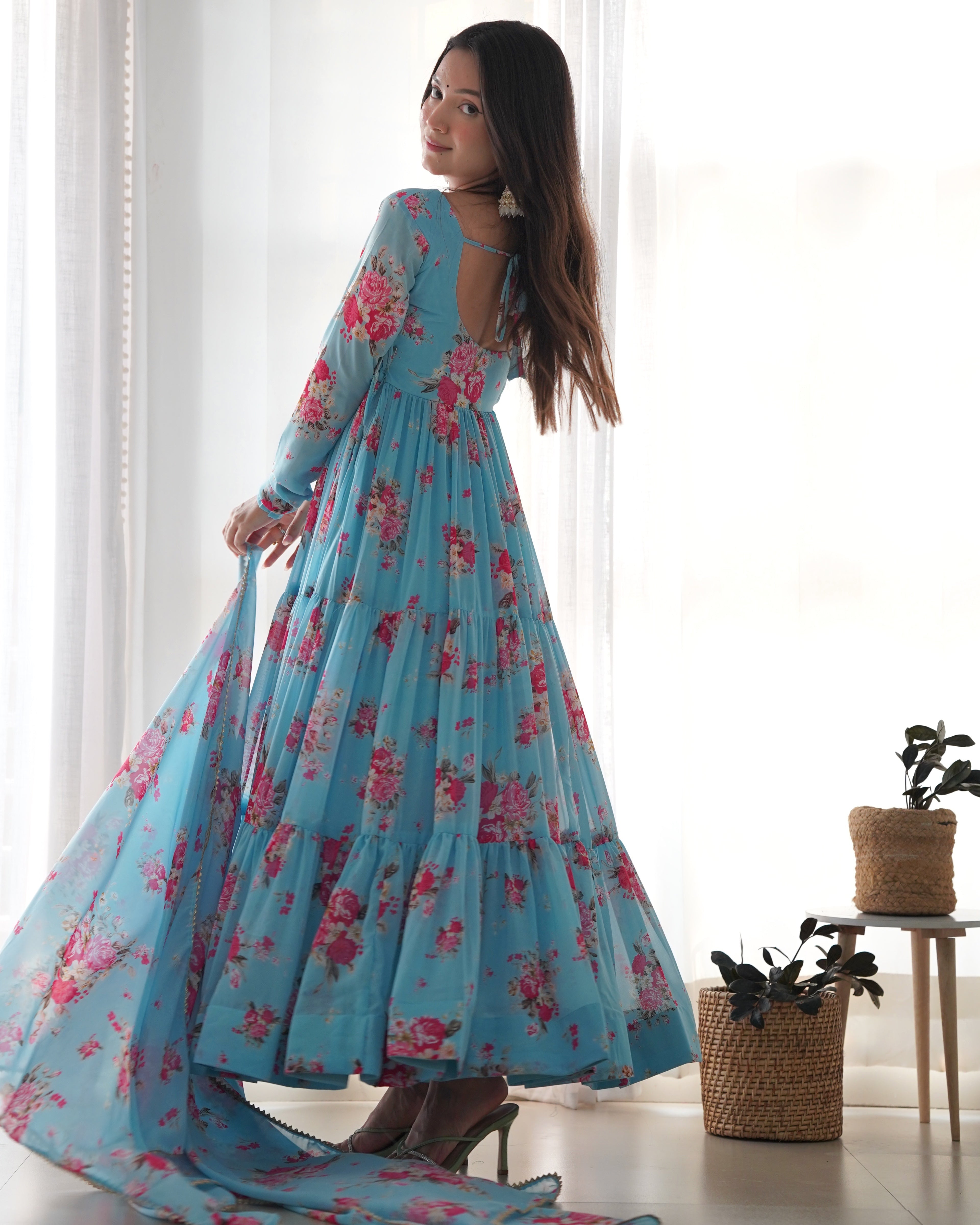 Sky Blue Soft Georgette Anarkali Lehenga Suit with Huge Flair for Festive Occasions