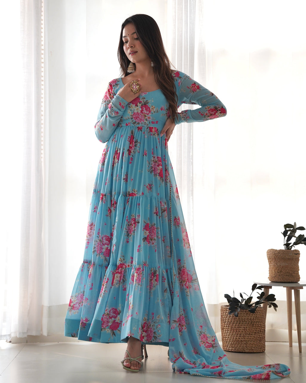 Sky Blue Soft Georgette Anarkali Lehenga Suit with Huge Flair for Festive Occasions