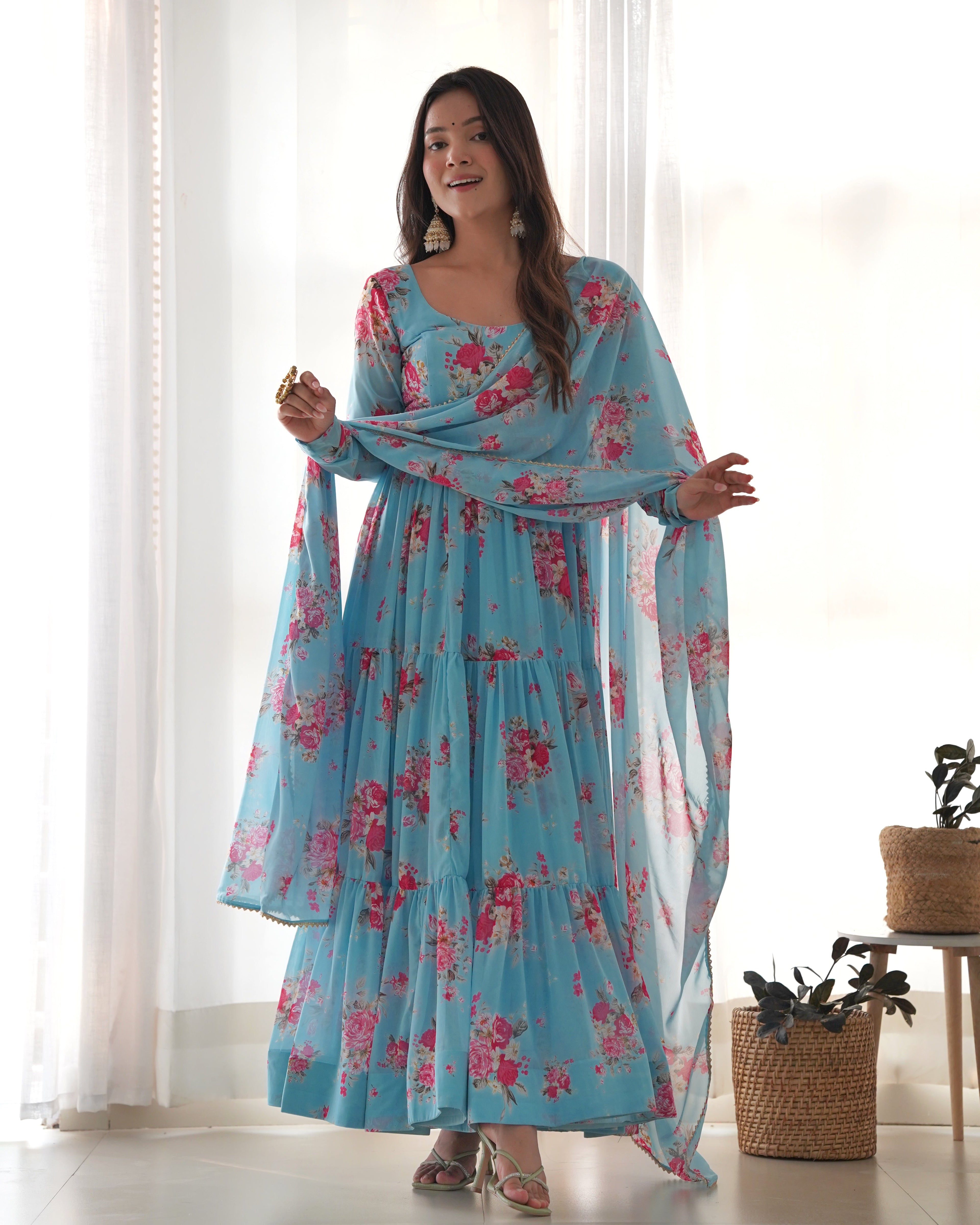 Sky Blue Soft Georgette Anarkali Lehenga Suit with Huge Flair for Festive Occasions