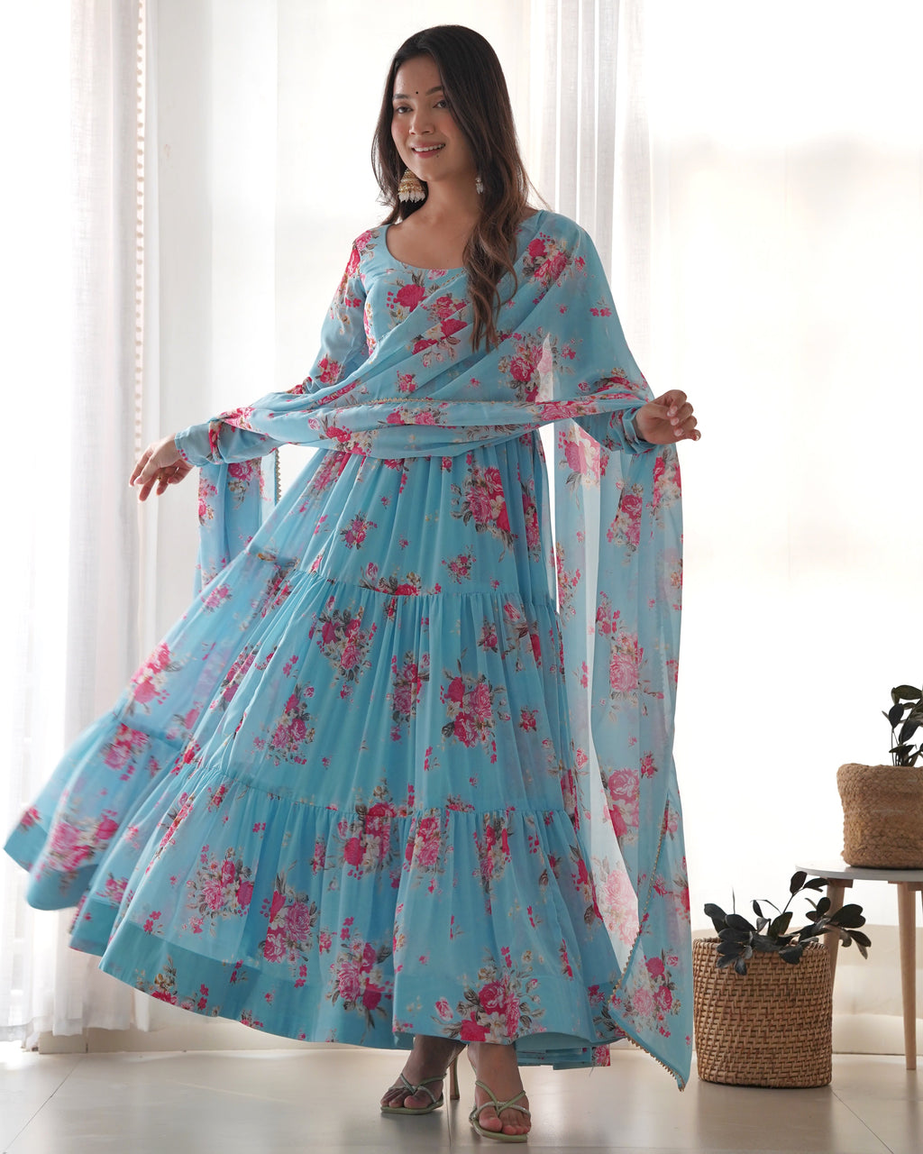 Sky Blue Soft Georgette Anarkali Lehenga Suit with Huge Flair for Festive Occasions