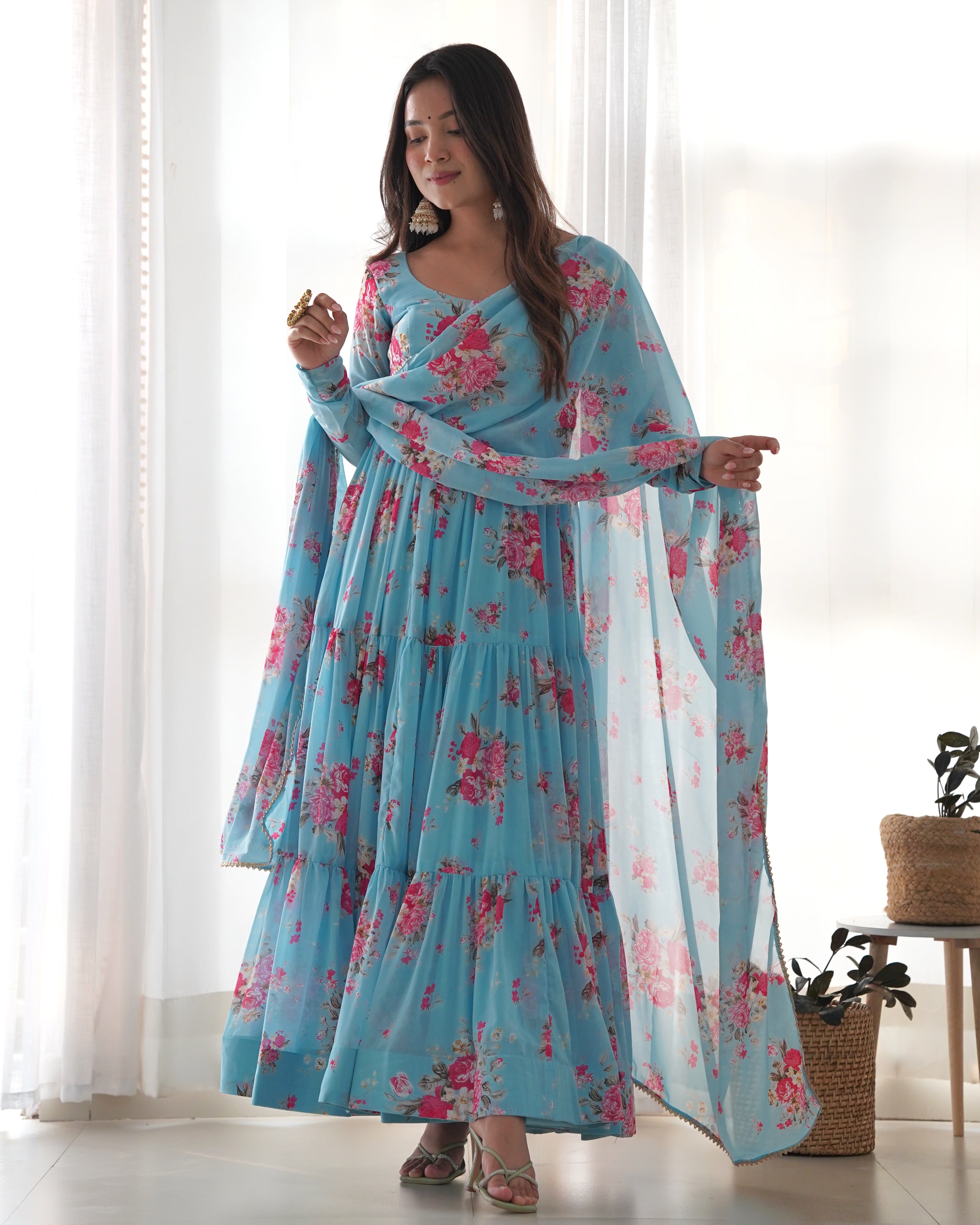 Sky Blue Soft Georgette Anarkali Lehenga Suit with Huge Flair for Festive Occasions