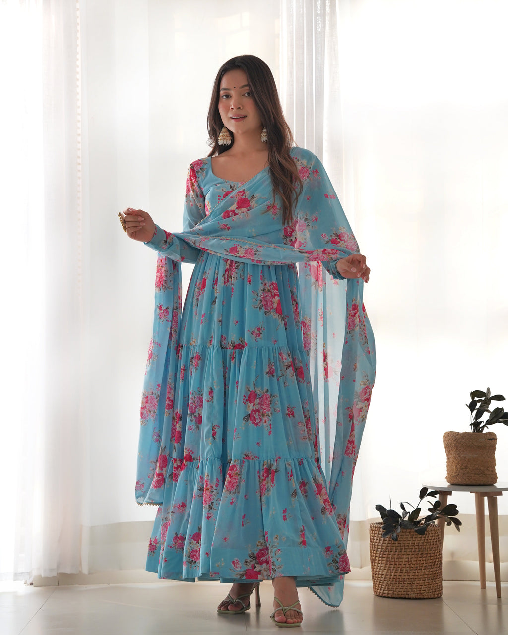 Sky Blue Soft Georgette Anarkali Lehenga Suit with Huge Flair for Festive Occasions