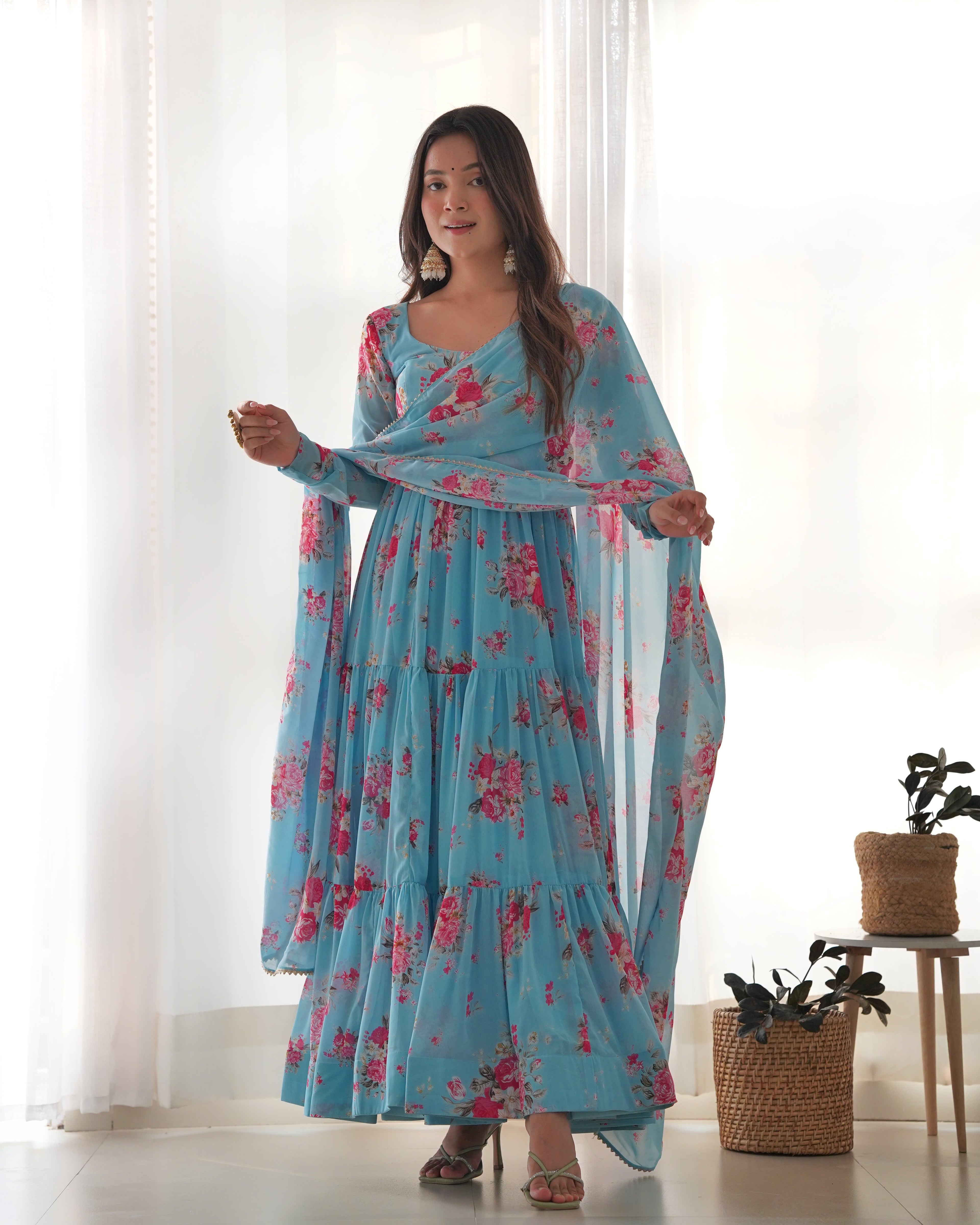 Sky Blue Soft Georgette Anarkali Lehenga Suit with Huge Flair for Festive Occasions