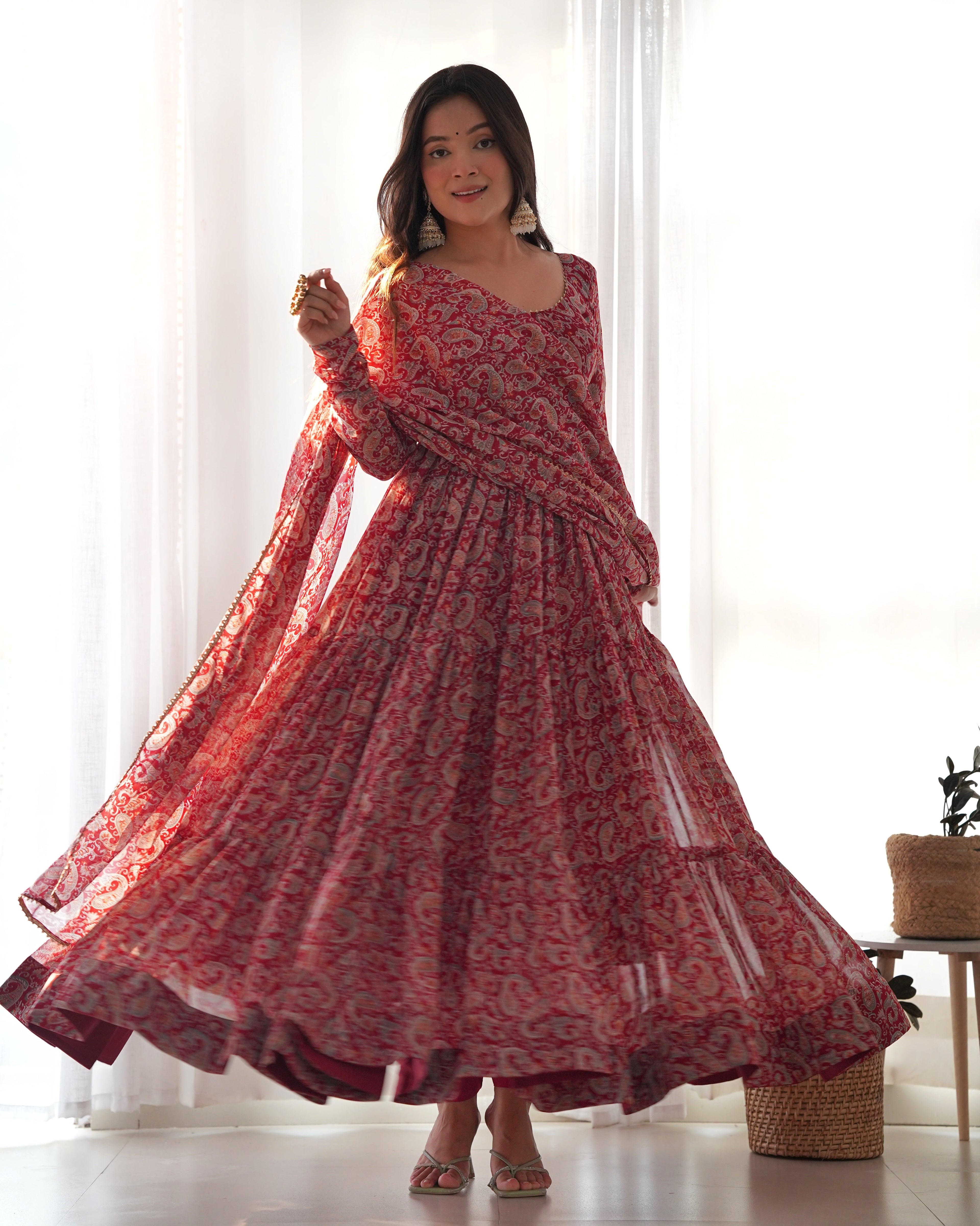 Maroon Pure Soft Fox Georgette Anarkali Suit Set With Huge Flair, Dupatta & Pant