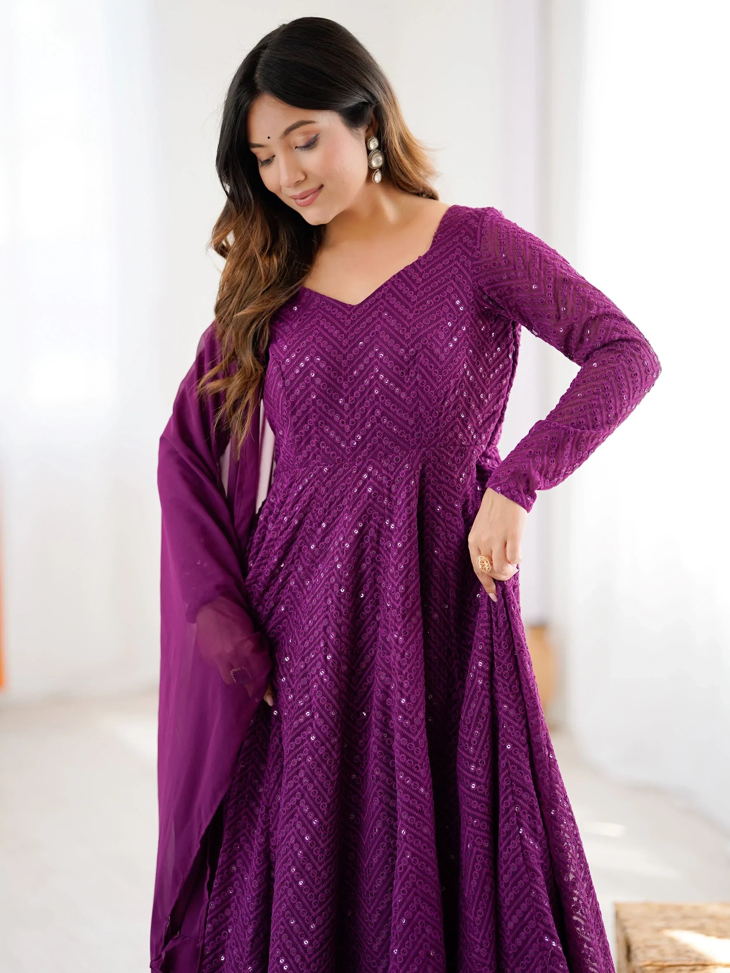 Wine Incredible Lucknawi Work Georgette Anarkali Suit With Ruffle Dupatta