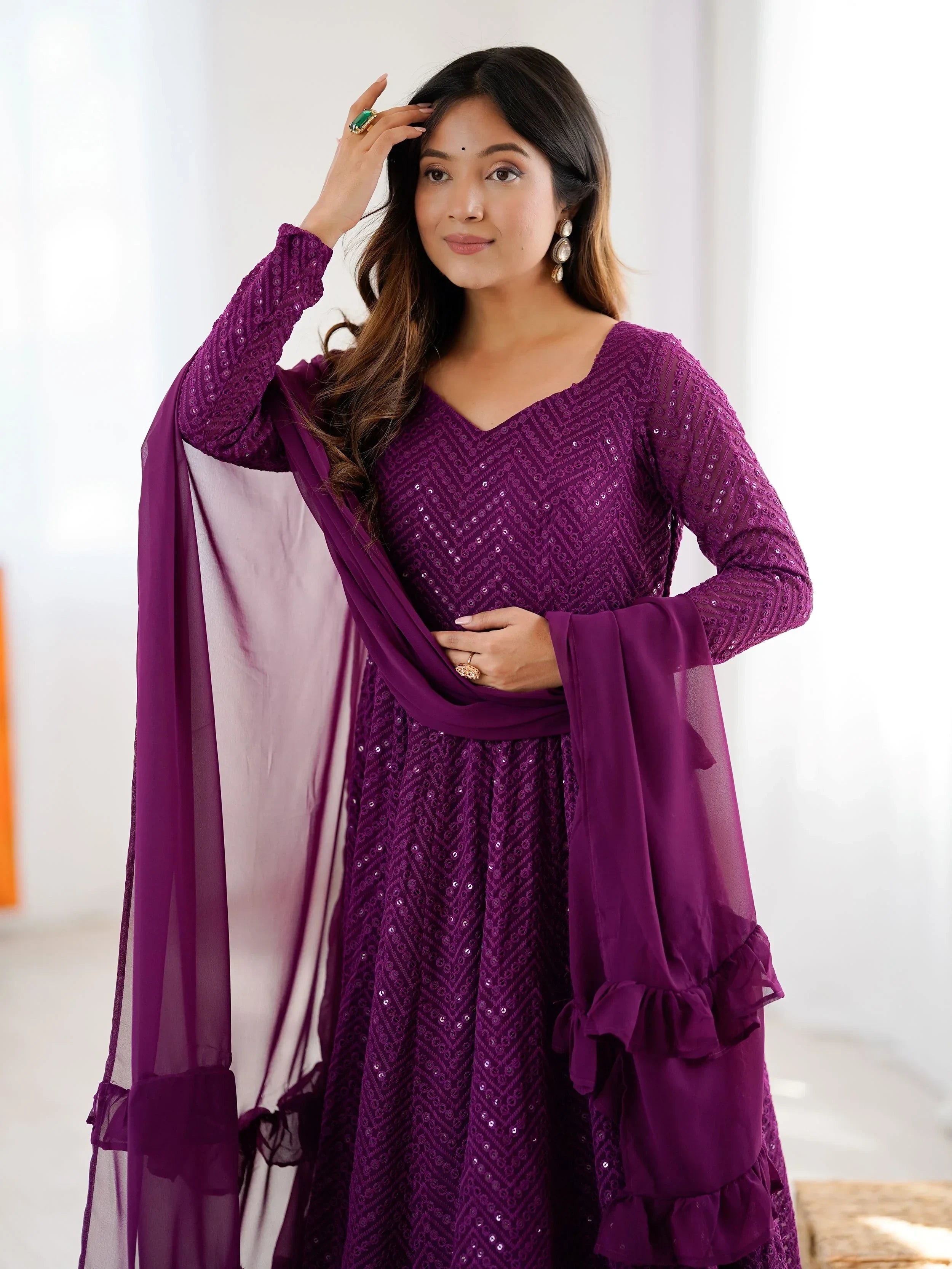 Wine Incredible Lucknawi Work Georgette Anarkali Suit With Ruffle Dupatta