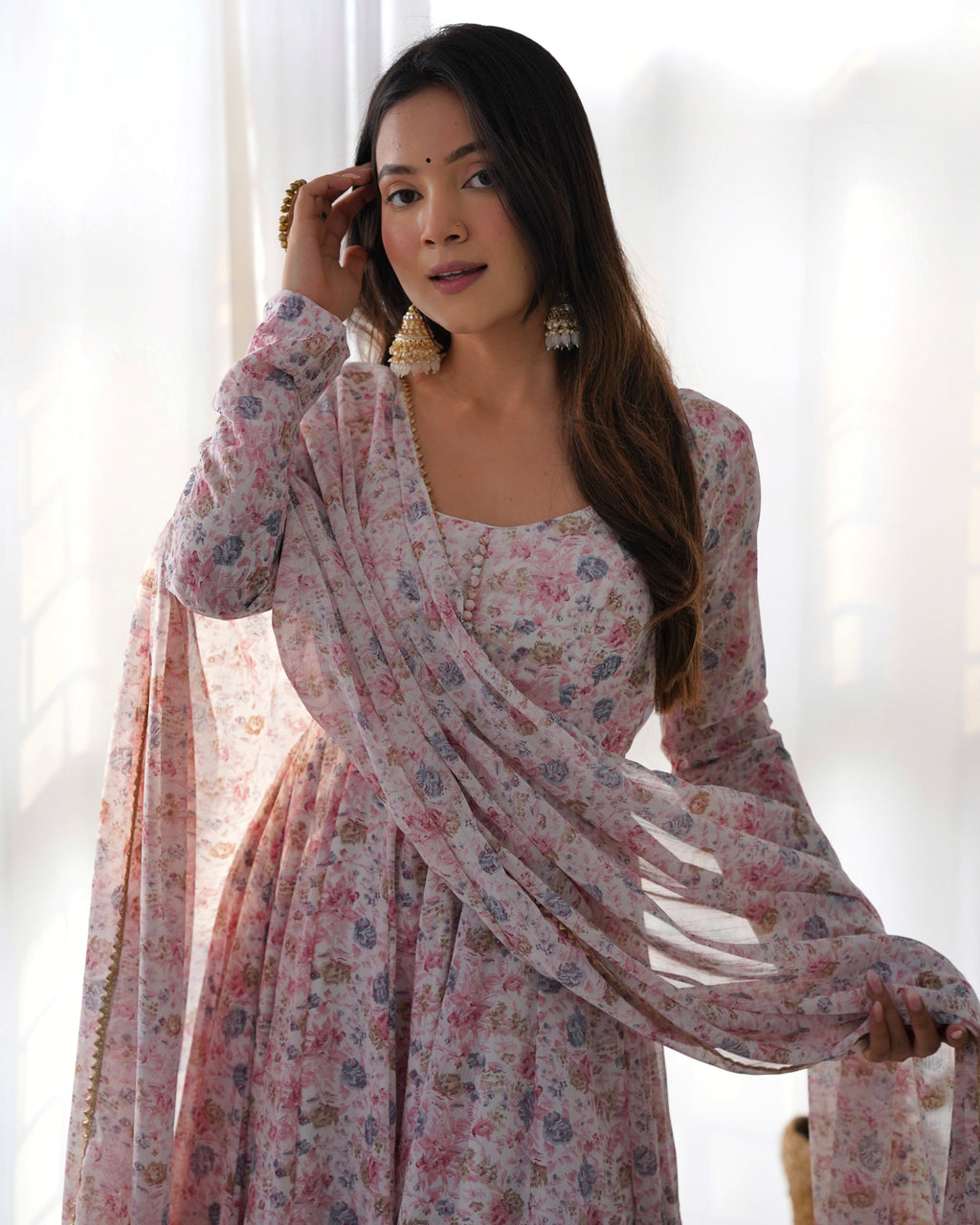 Pink Pure Chiffon Lehenga Suit Set with Floral Design and Huge Flair for Festive