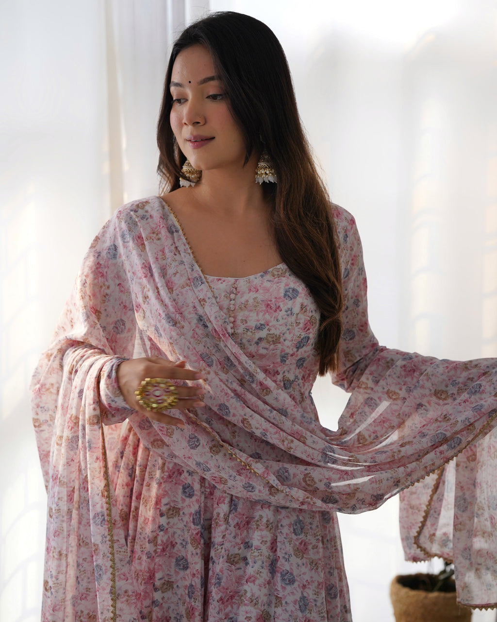 Pink Pure Chiffon Lehenga Suit Set with Floral Design and Huge Flair for Festive
