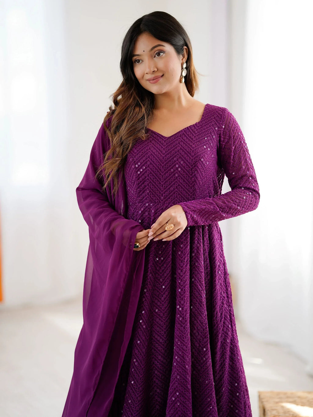 Wine Incredible Lucknawi Work Georgette Anarkali Suit With Ruffle Dupatta