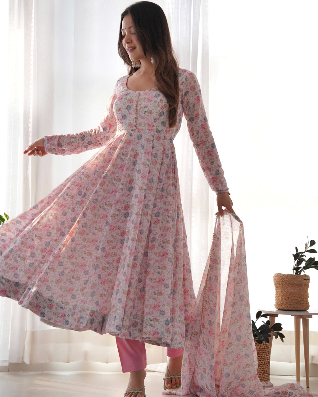 Pink Pure Chiffon Lehenga Suit Set with Floral Design and Huge Flair for Festive