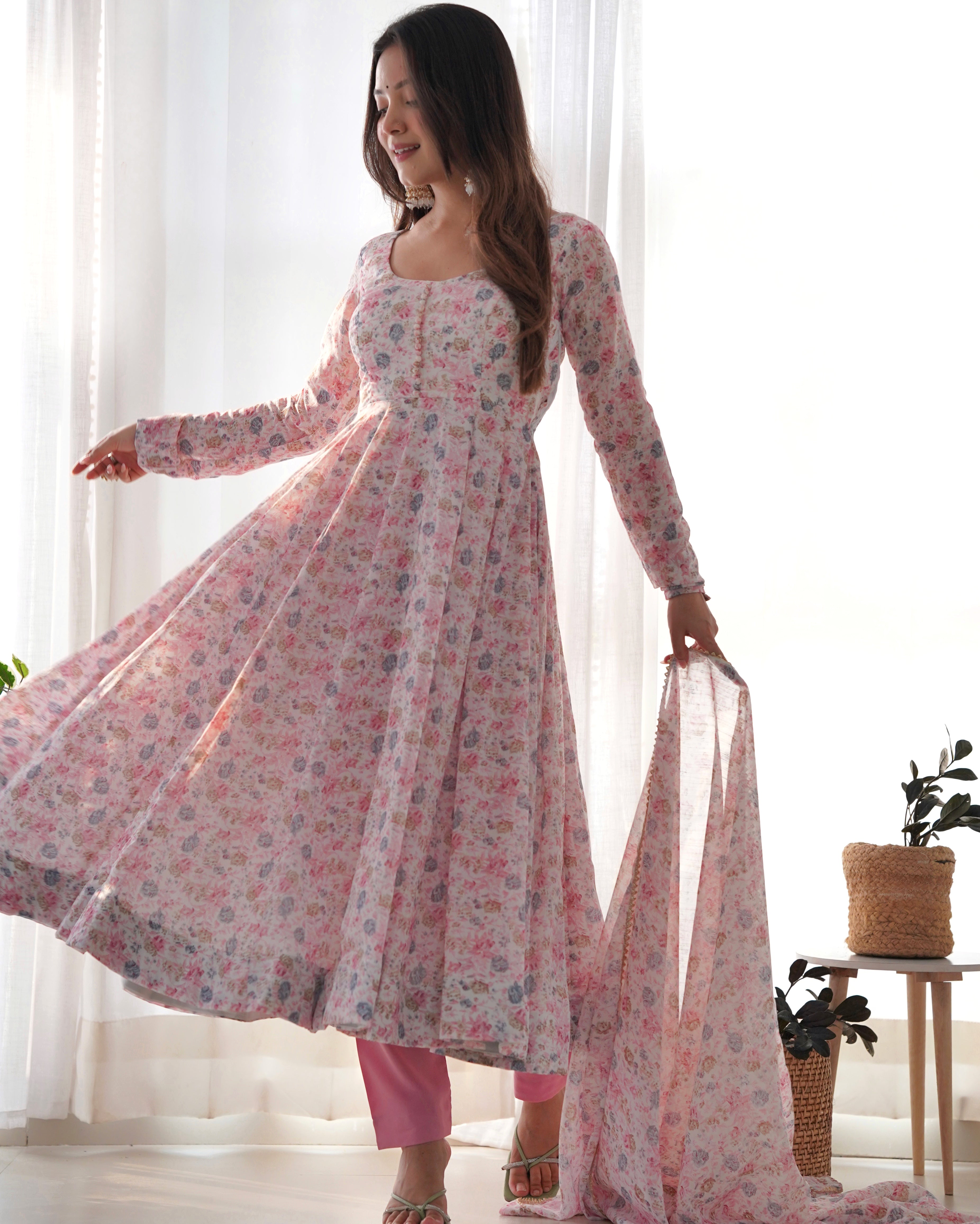 Pink Pure Chiffon Lehenga Suit Set with Floral Design and Huge Flair for Festive