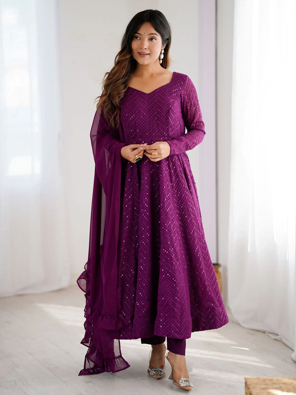 Wine Incredible Lucknawi Work Georgette Anarkali Suit With Ruffle Dupatta