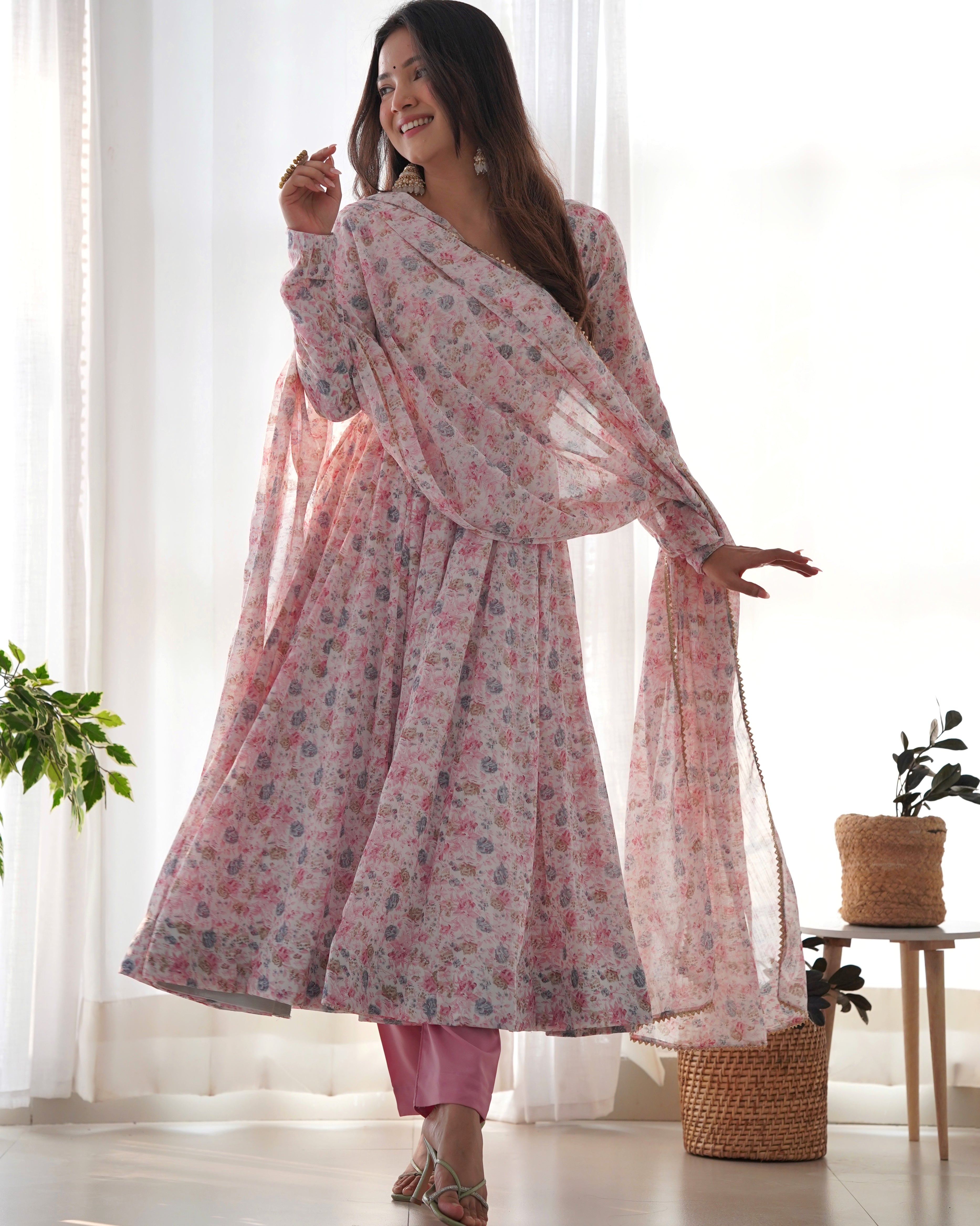 Pink Pure Chiffon Lehenga Suit Set with Floral Design and Huge Flair for Festive
