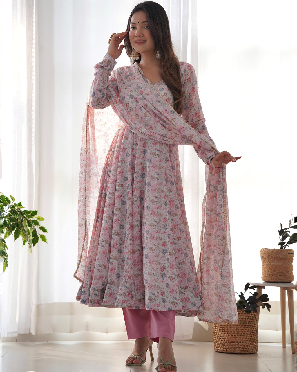 Pink Pure Chiffon Lehenga Suit Set with Floral Design and Huge Flair for Festive