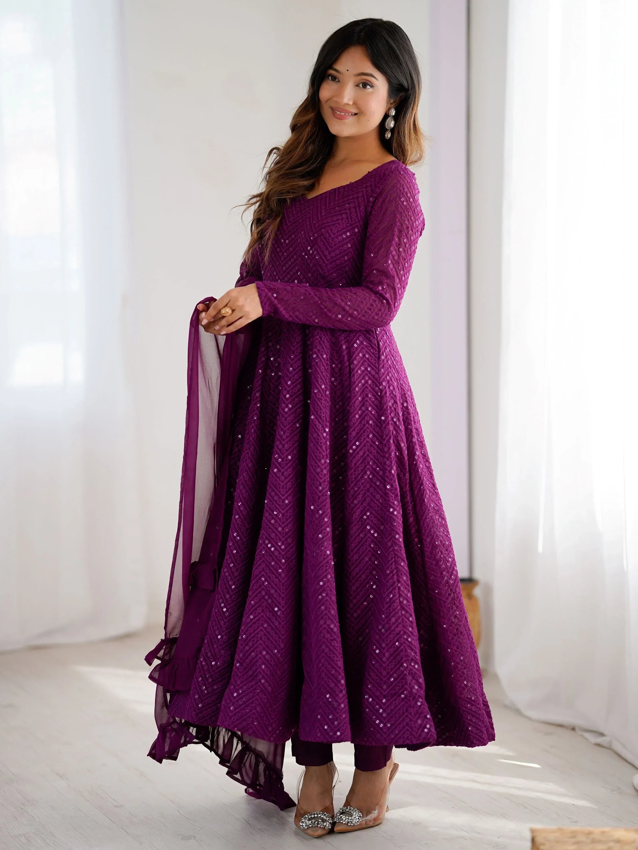 Wine Incredible Lucknawi Work Georgette Anarkali Suit With Ruffle Dupatta