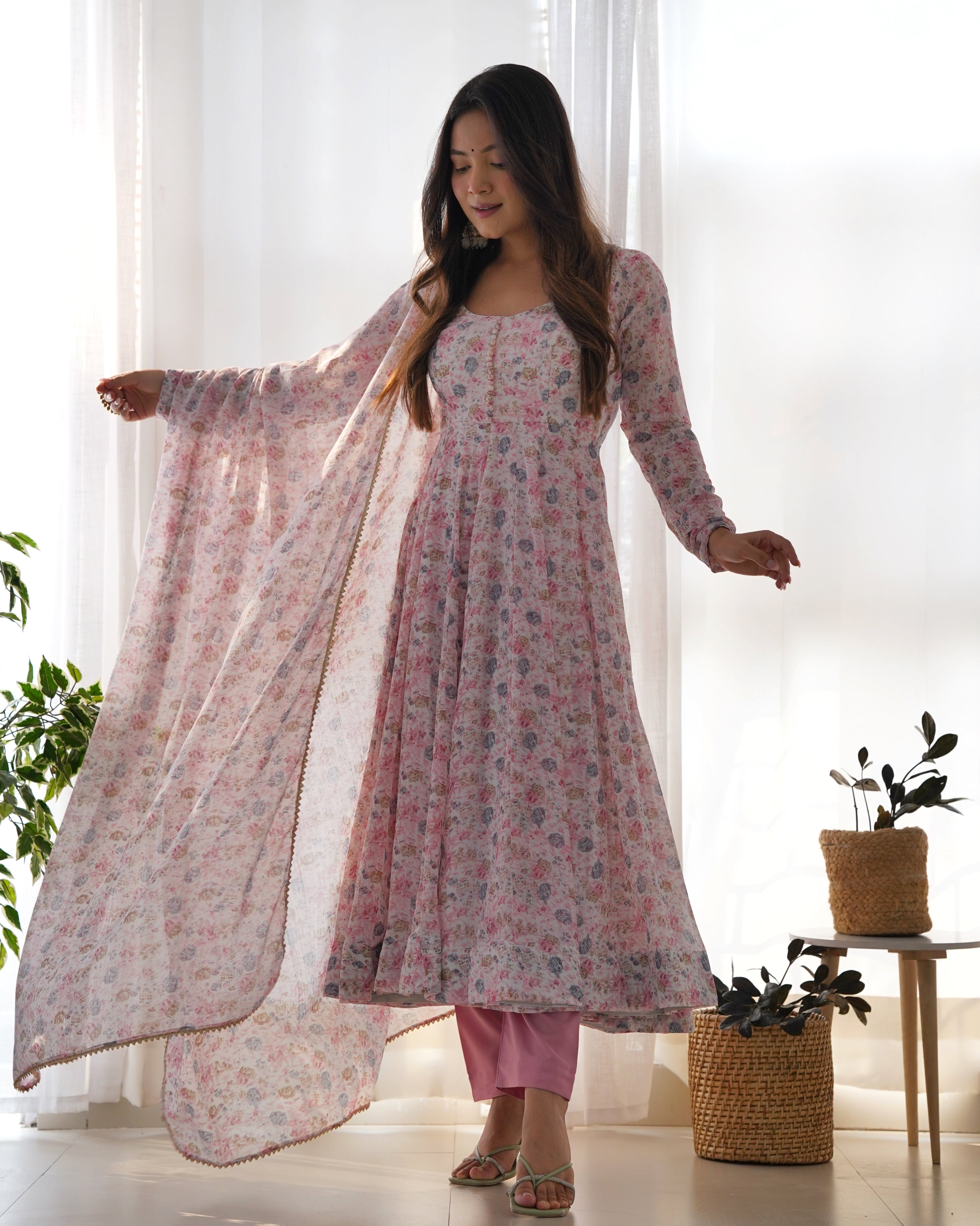 Pink Pure Chiffon Lehenga Suit Set with Floral Design and Huge Flair for Festive
