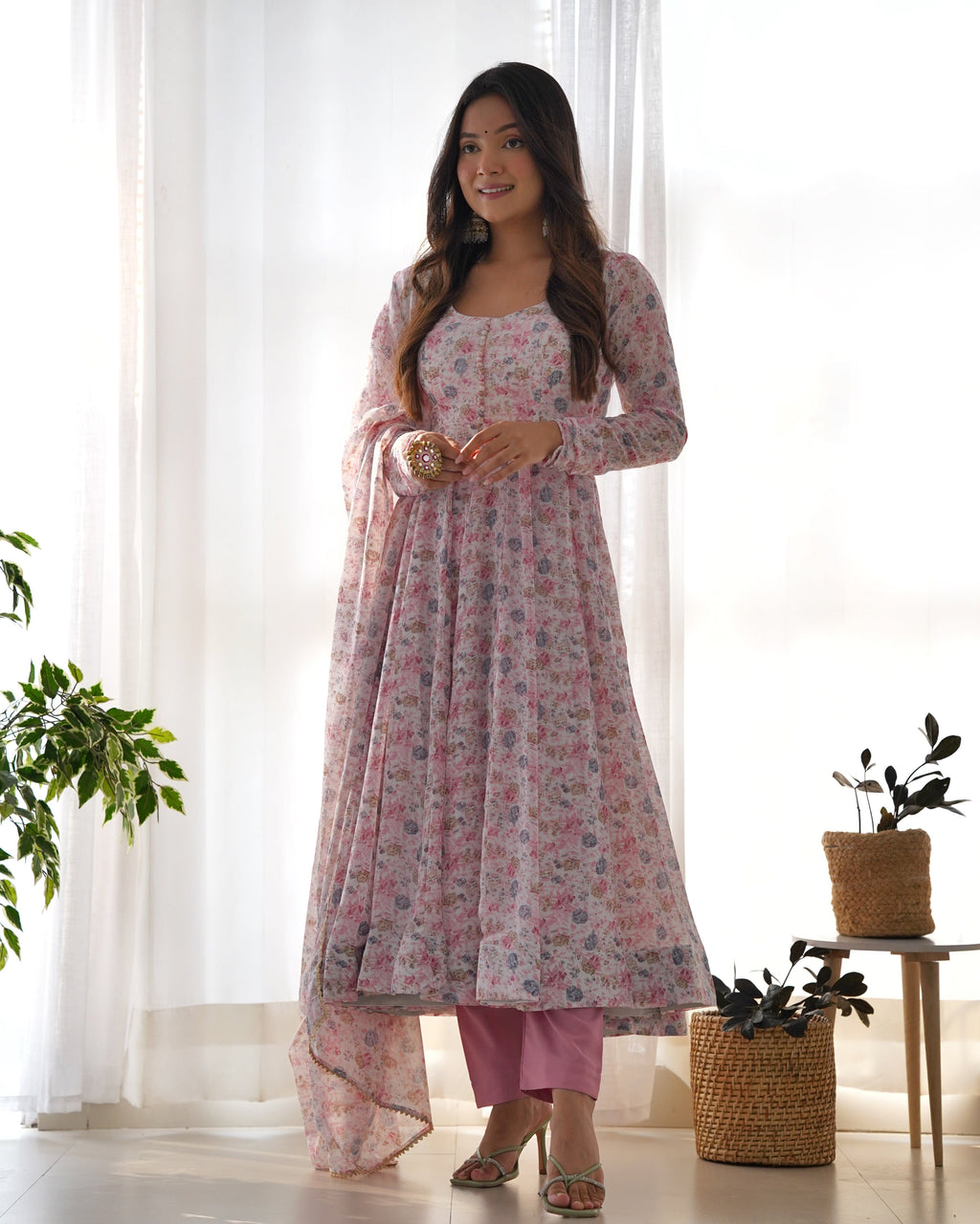 Pink Pure Chiffon Lehenga Suit Set with Floral Design and Huge Flair for Festive