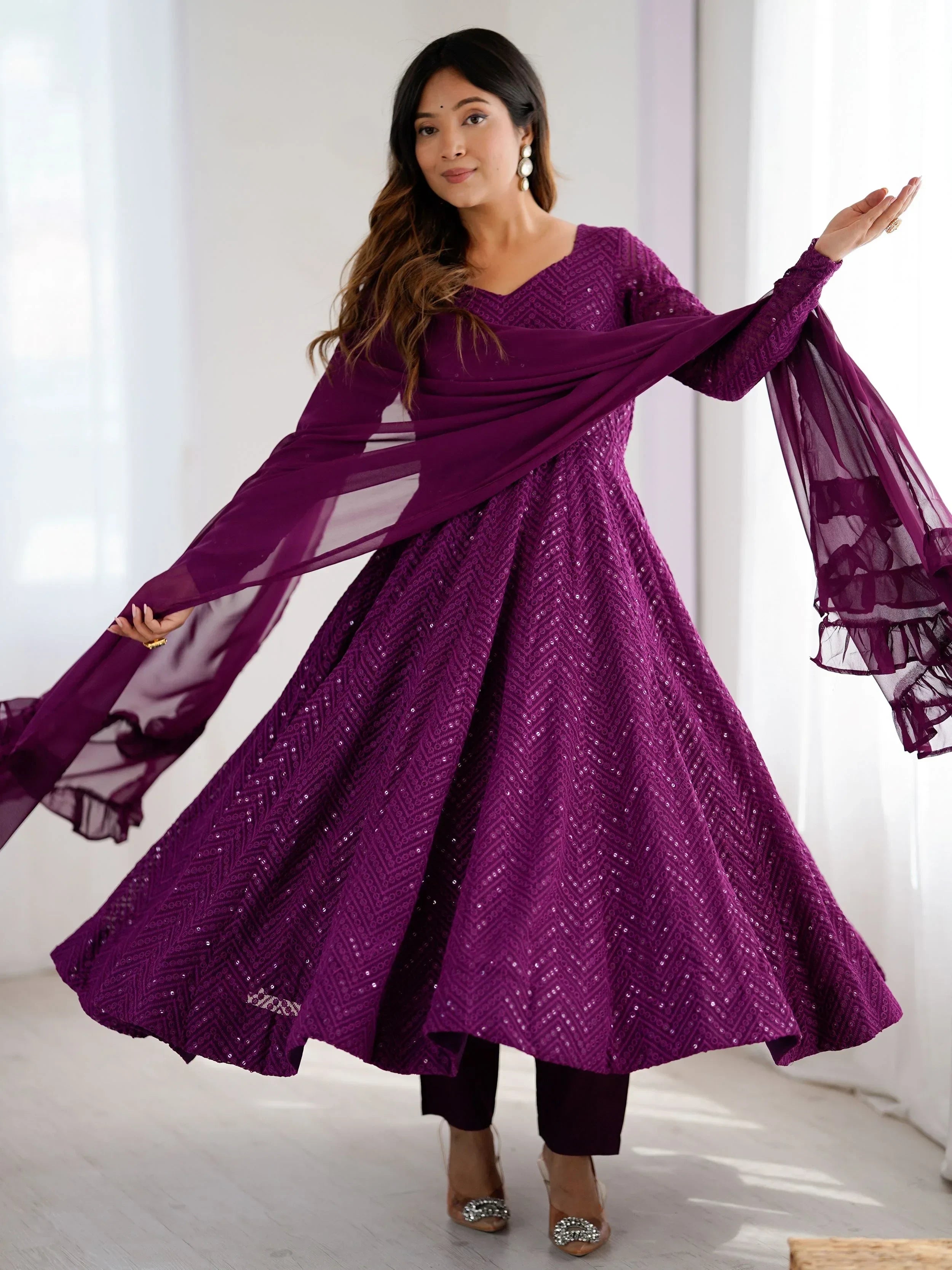 Wine Incredible Lucknawi Work Georgette Anarkali Suit With Ruffle Dupatta