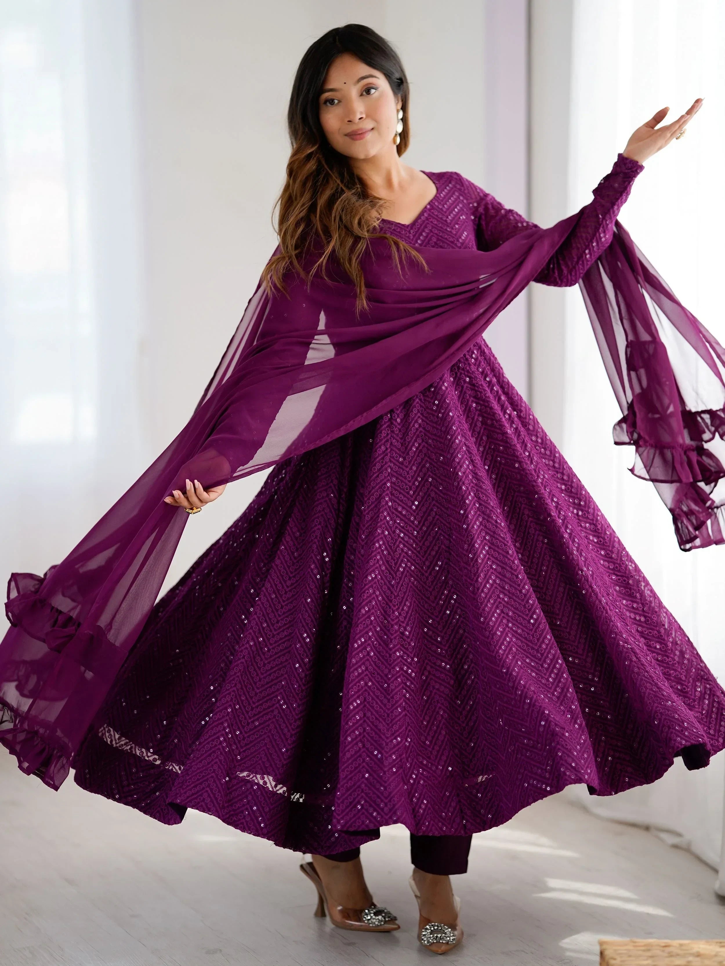 Wine Incredible Lucknawi Work Georgette Anarkali Suit With Ruffle Dupatta